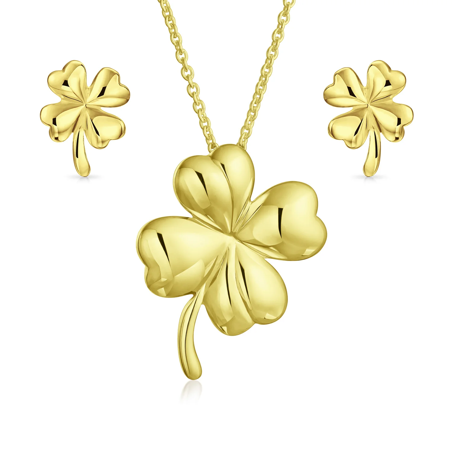 Lucky Charm Clover Pendant Stud Earrings Jewelry Set Gold Plated .925 Sterling Silver - Image 2