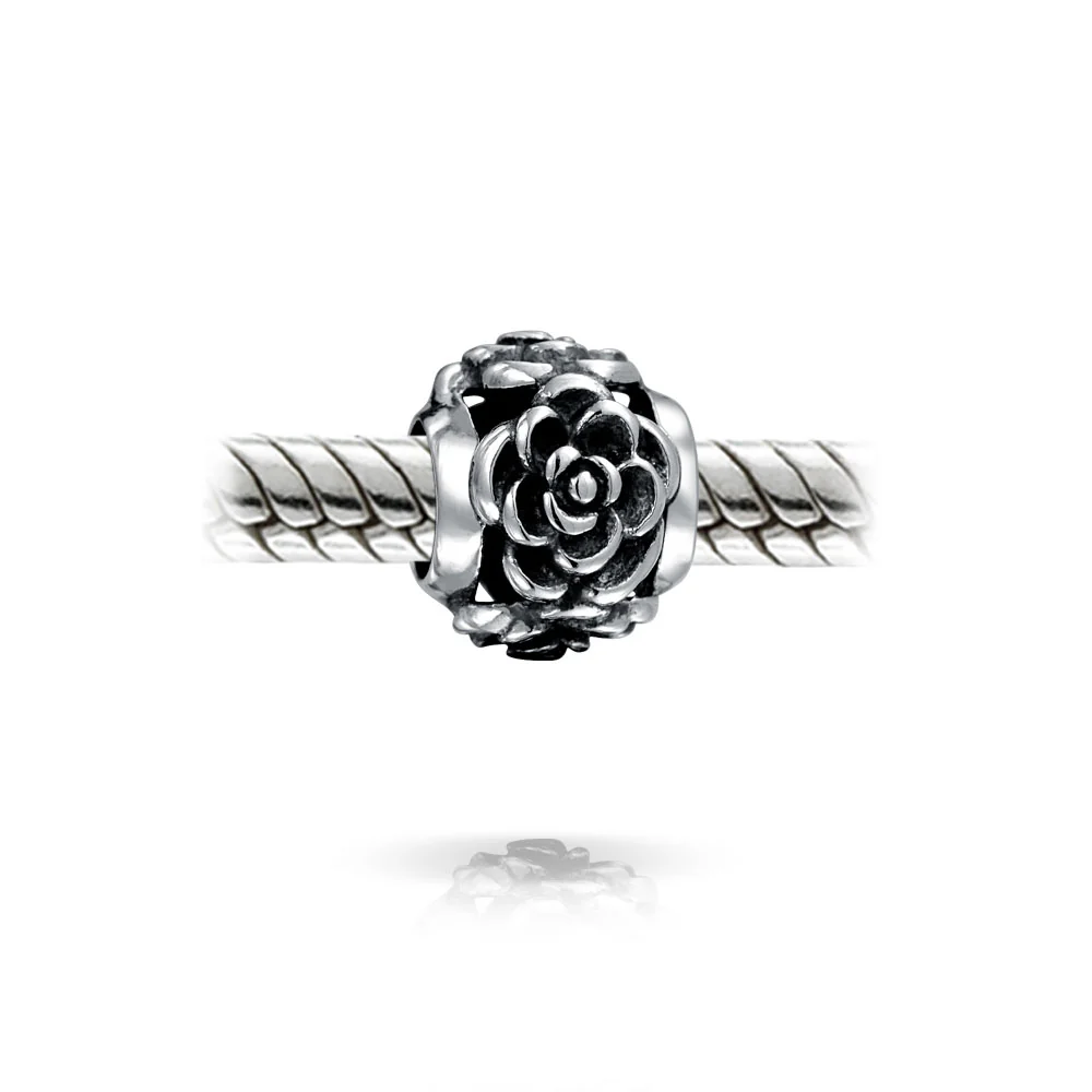 Flower Garden Black Rose Charm Bead in Oxidized Sterling Silver for Bracelets - Image 2