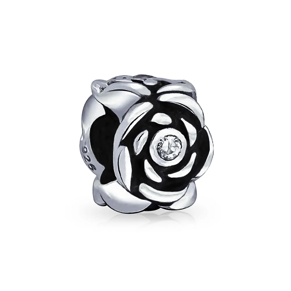 Set of 2 Black Rose Flower Charm Bead Sterling Silver Fits European Bracelet - Image 2