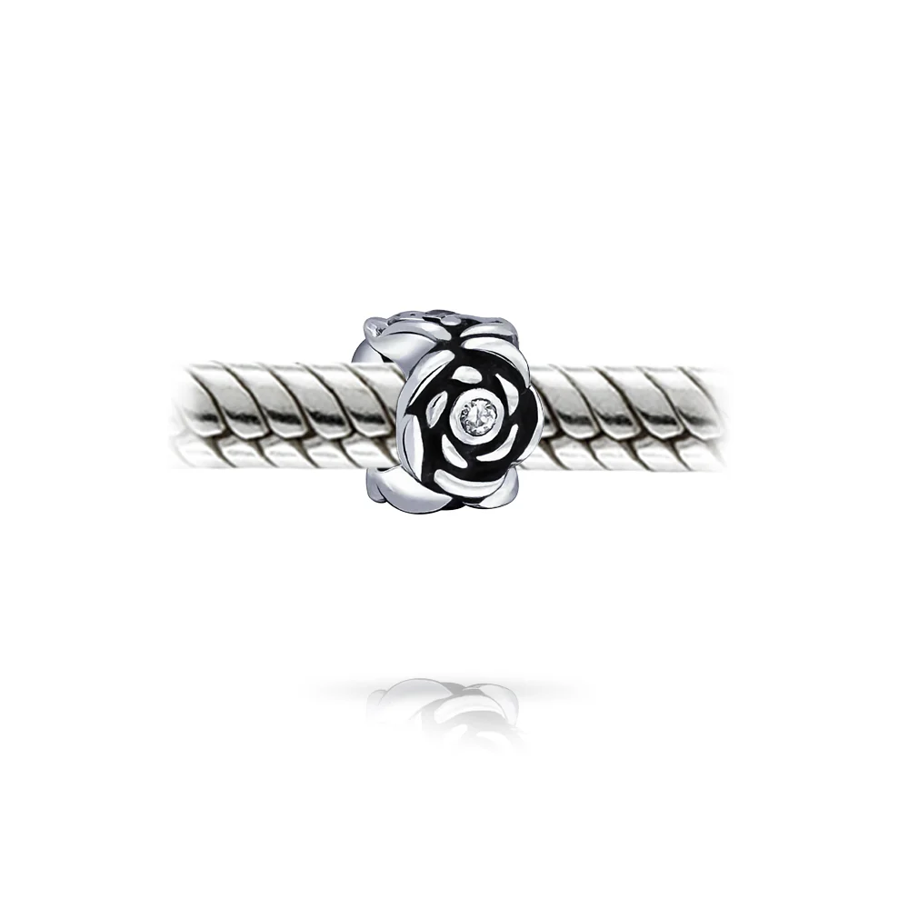 Set of 2 Black Rose Flower Charm Bead Sterling Silver Fits European Bracelet - Image 5