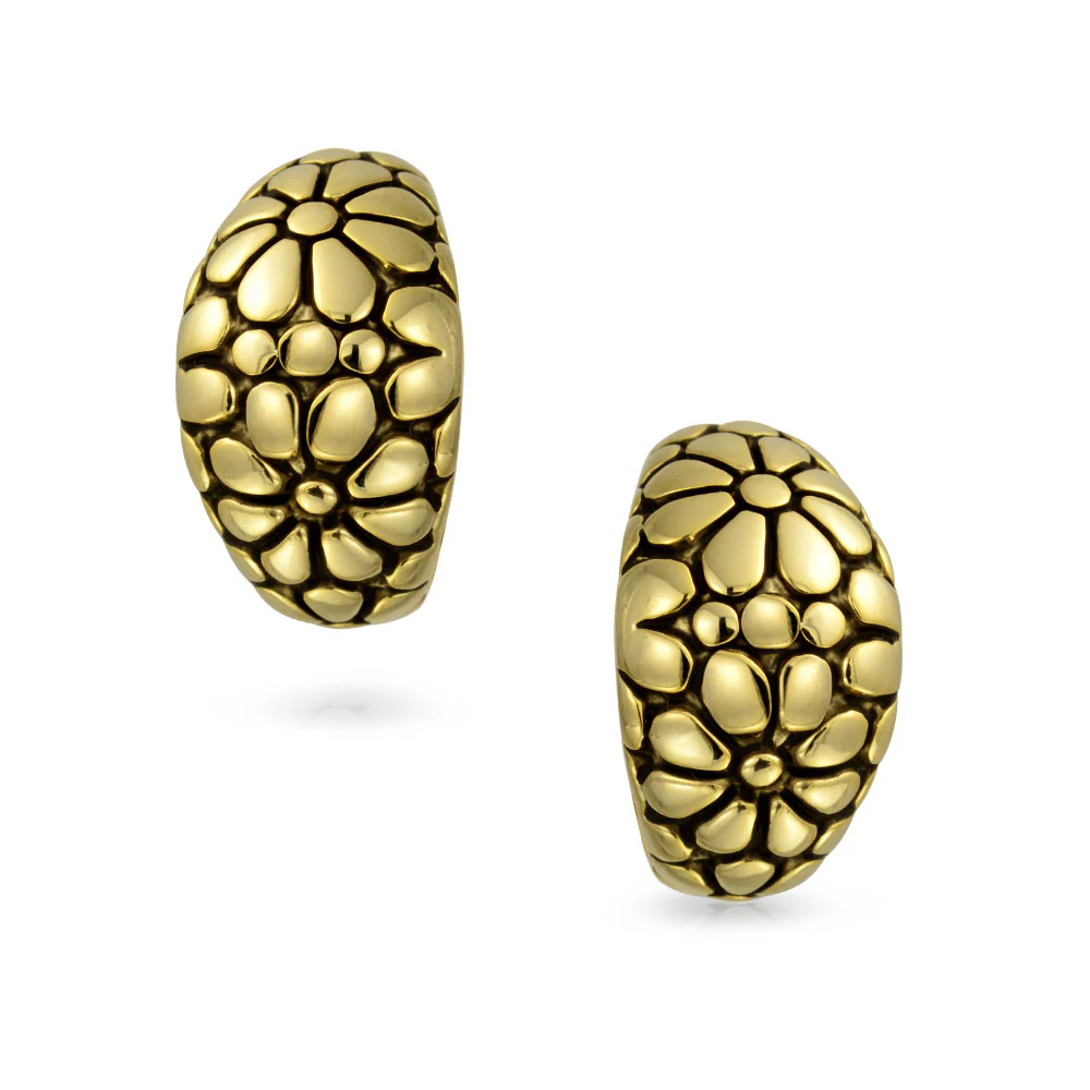 Set of 2 Wide Shrimp Half Hoop Flower Clip On Earrings For Non Pierced Ears Oxidized Gold & Silver - Image 2