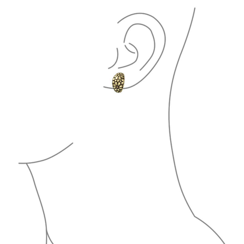 Set of 2 Wide Shrimp Half Hoop Flower Clip On Earrings For Non Pierced Ears Oxidized Gold & Silver - Image 5