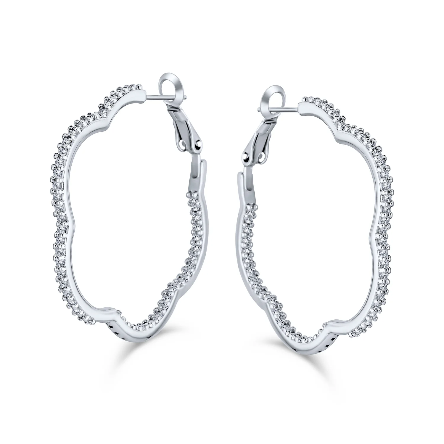 Flower Shaped Inside Out Pave CZ Clover Hoop Earrings Silver Plated 1.5 Inch - Image 3
