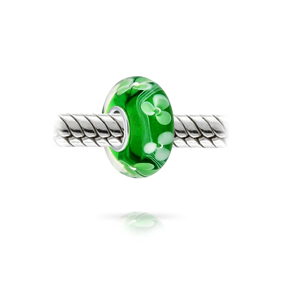 Set of 4 Green Floral Hibiscus Glass Charm Bead for European Bracelets with Sterling Silver Core - Image 3