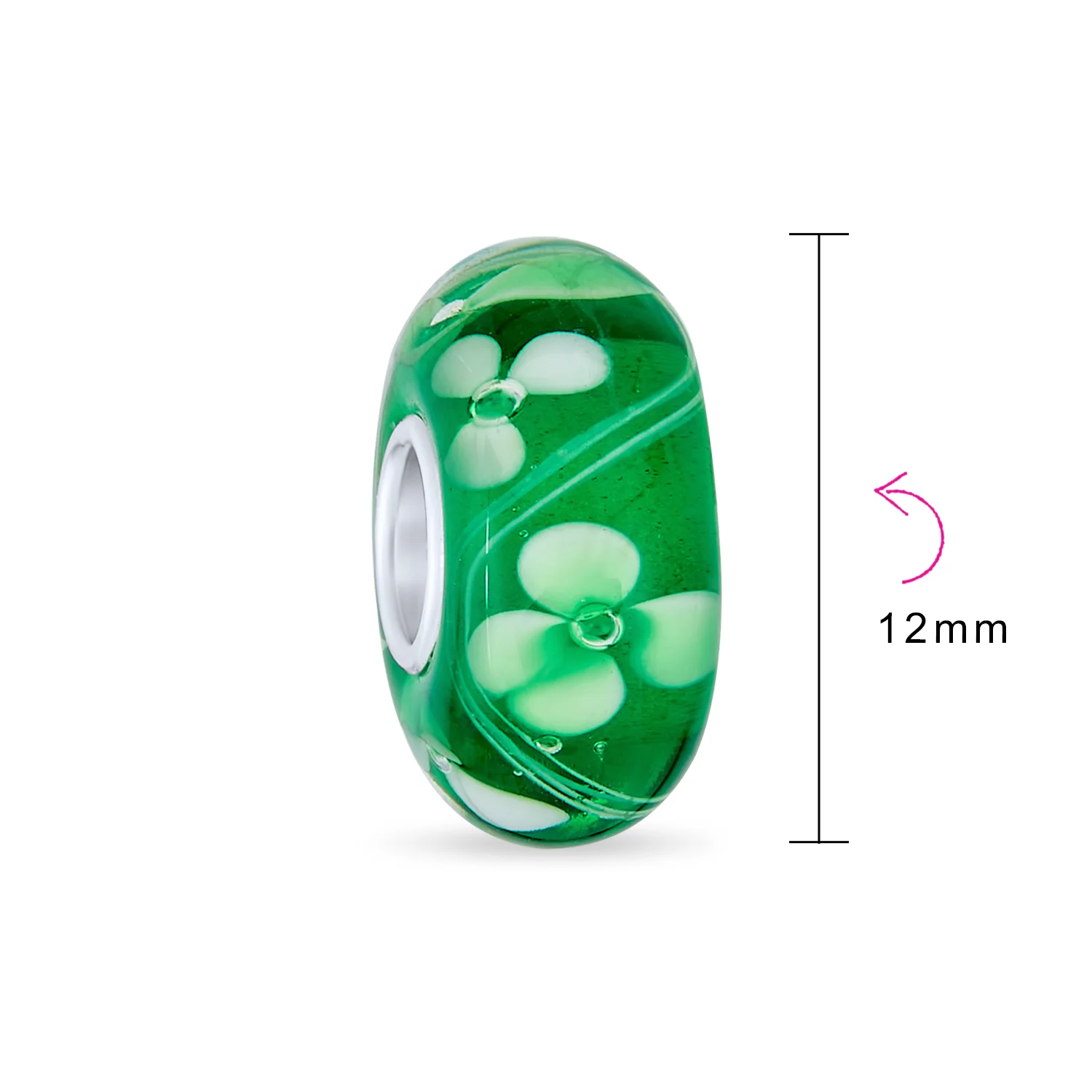 Set of 4 Green Floral Hibiscus Glass Charm Bead for European Bracelets with Sterling Silver Core - Image 4