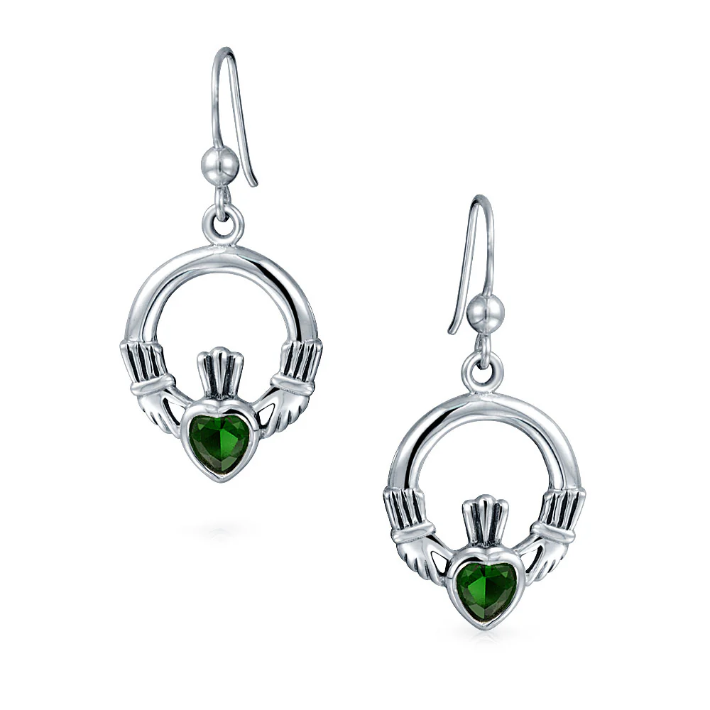 Friendship BFF CZ Heart Circle Claddagh Dangle Earrings Silver Fish Hook - Image 3
