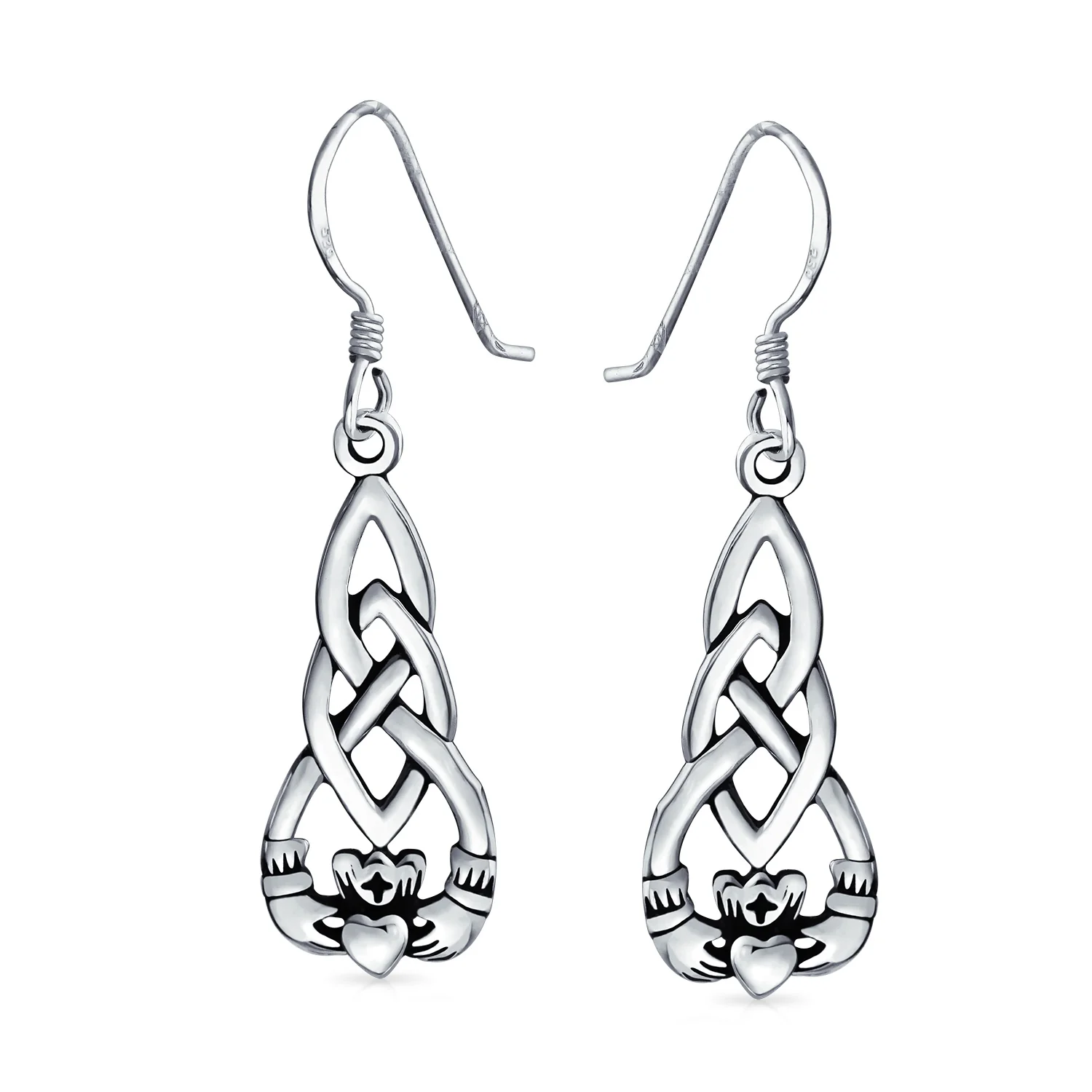 Friendship BFF Heart Celtic Claddagh Dangle Earrings in Oxidized Sterling Silver - Image 2