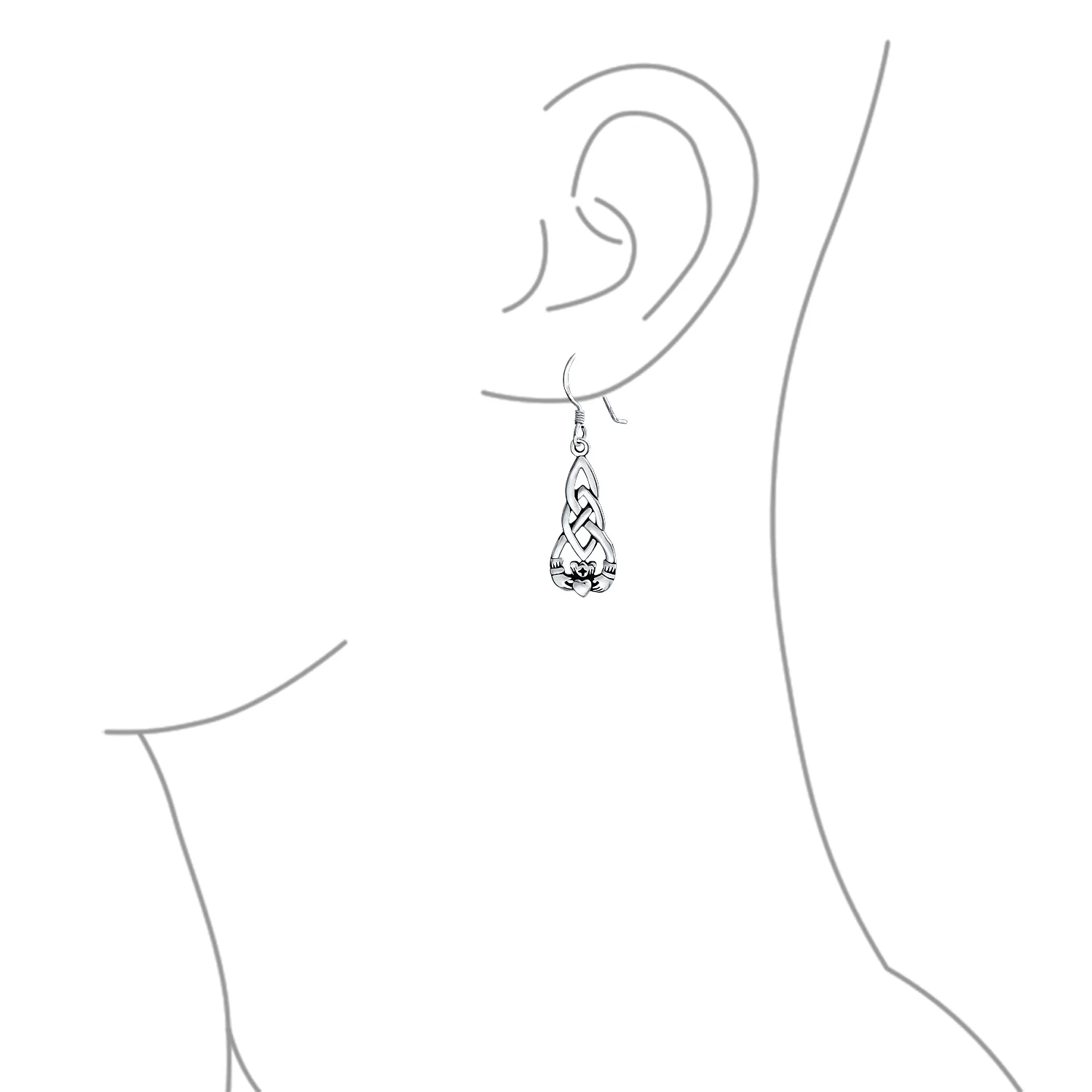 Friendship BFF Heart Celtic Claddagh Dangle Earrings in Oxidized Sterling Silver - Image 3