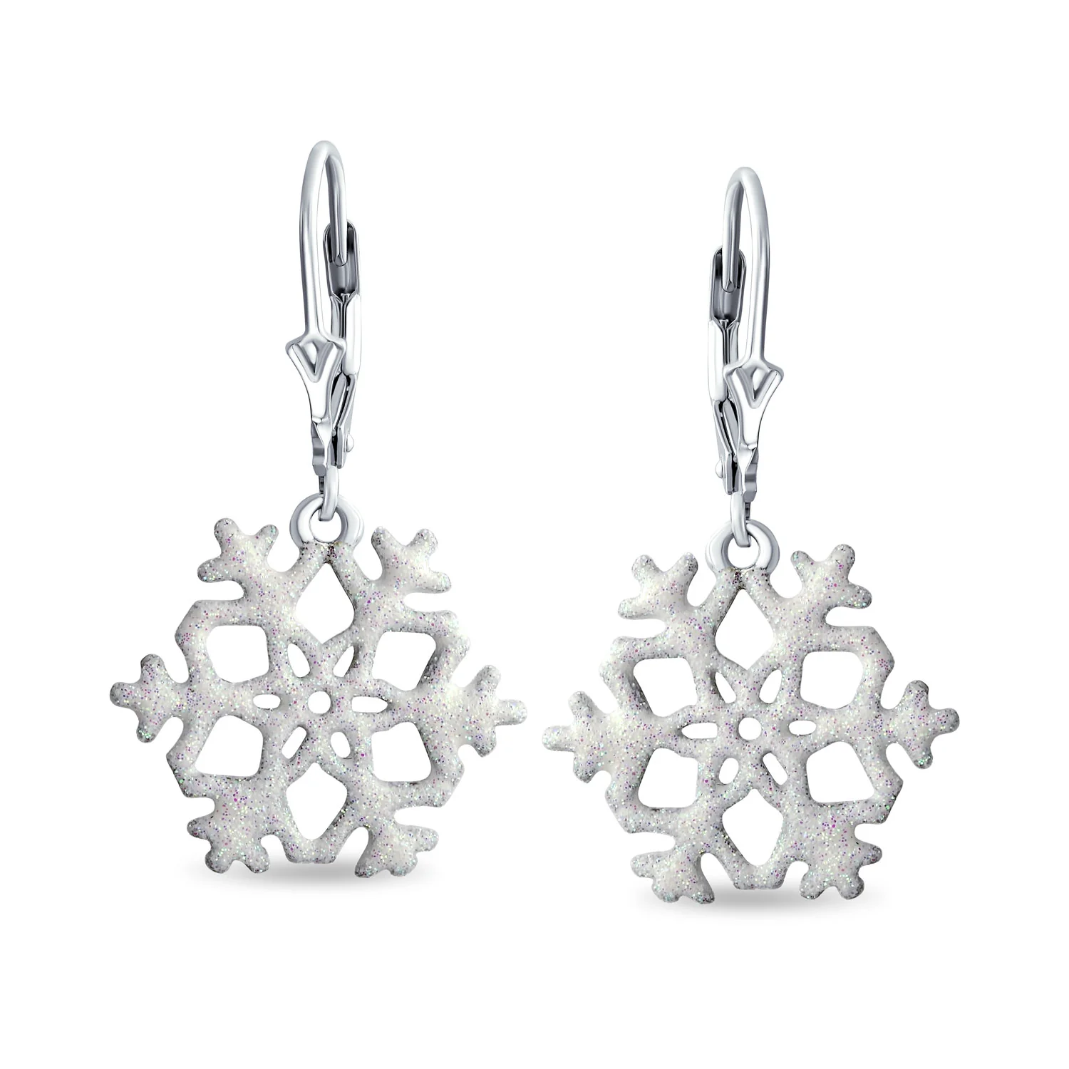 Frozen Winter Holiday White Glitter Snowflake Dangle Earrings Sterling Silver - Image 2