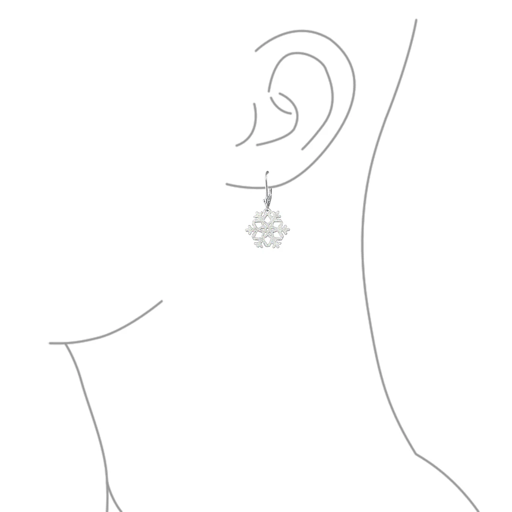 Frozen Winter Holiday White Glitter Snowflake Dangle Earrings Sterling Silver - Image 3