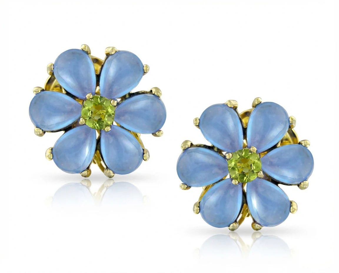Garden CZ Center Blue Jade Flower Clip On Earrings Gold Sterling Silver for Non-Pierced Ears