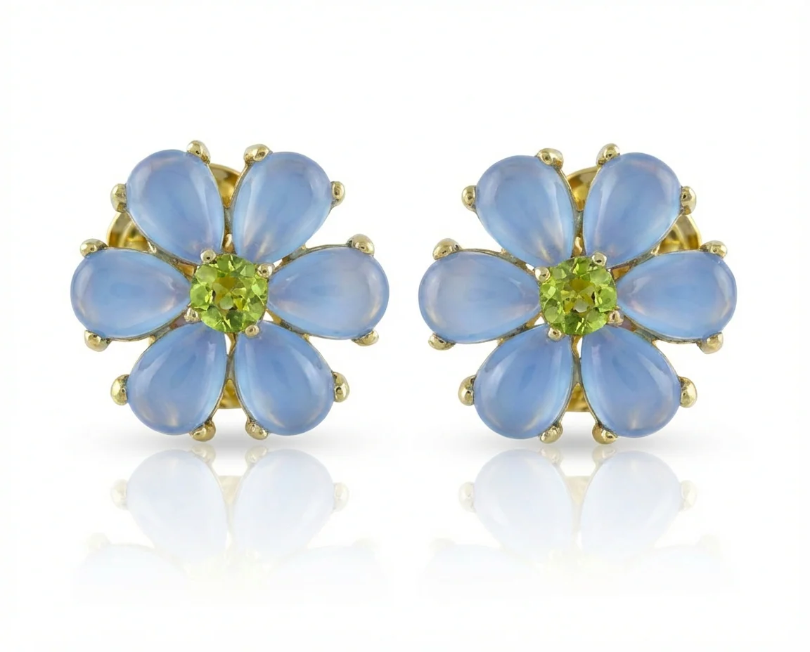 Garden CZ Center Blue Jade Flower Clip On Earrings Gold Sterling Silver for Non-Pierced Ears - Image 2
