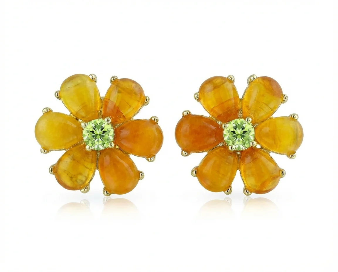 Floral CZ Center Yellow Jade Flower Stud Earrings Gold Plated .925 Sterling Silver