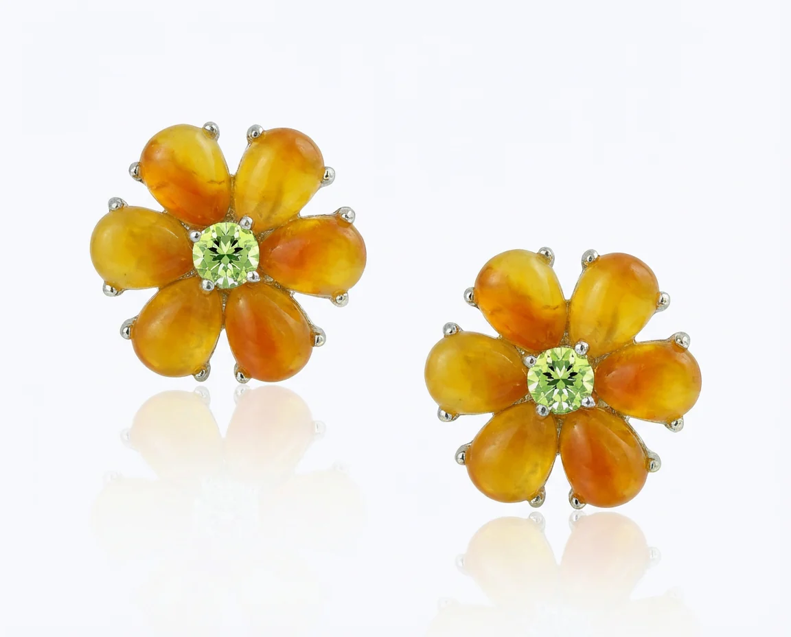 Floral CZ Center Yellow Jade Flower Stud Earrings Gold Plated .925 Sterling Silver - Image 2