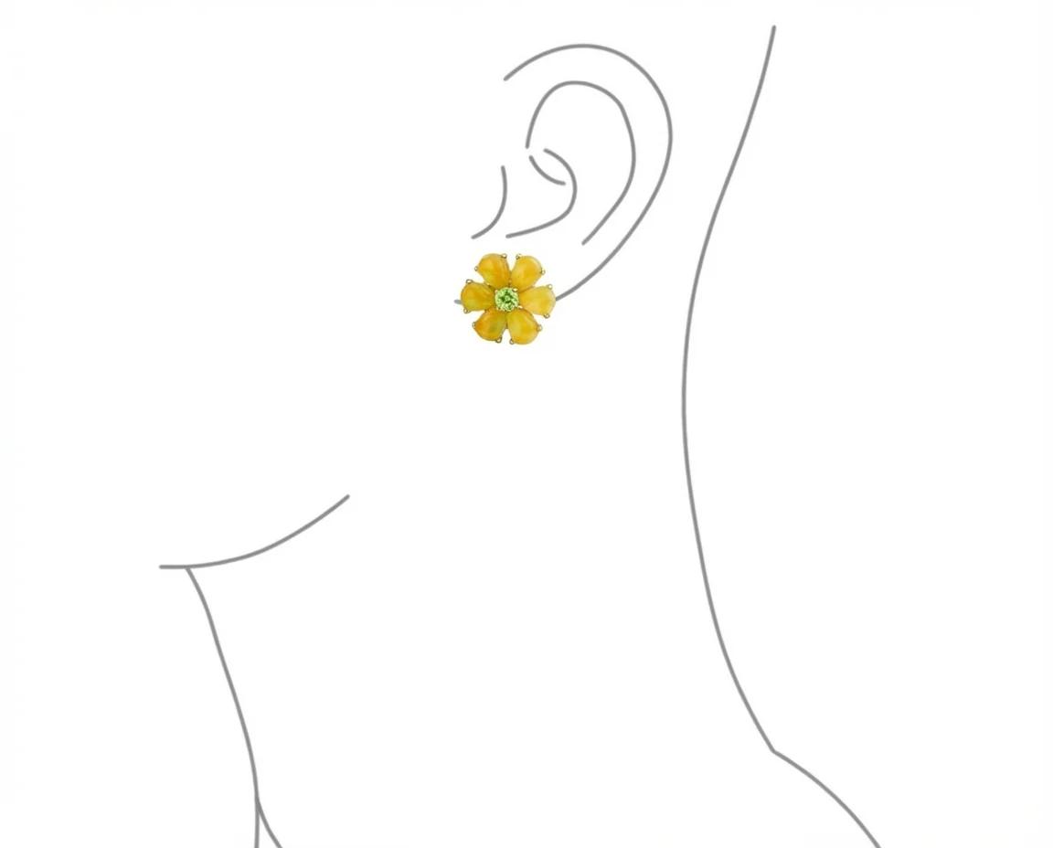 Floral CZ Center Yellow Jade Flower Stud Earrings Gold Plated .925 Sterling Silver - Image 3