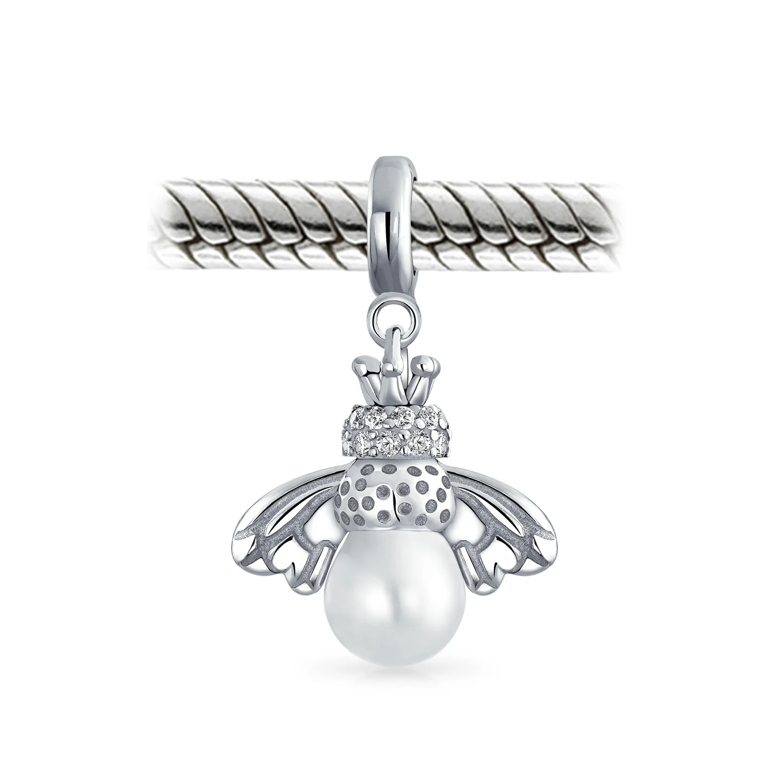 Garden Insect Pearl Queen Bee Dangle Charm Bead for Mom Sterling Silver Bracelet - Image 2