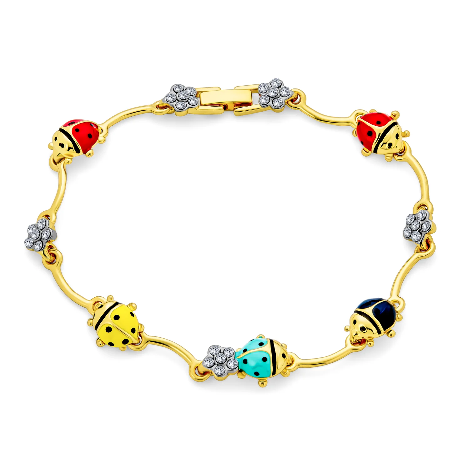 Colorful Good Luck Garden Lucky Ladybug Link Charm Bracelet Crystal Gold Plated