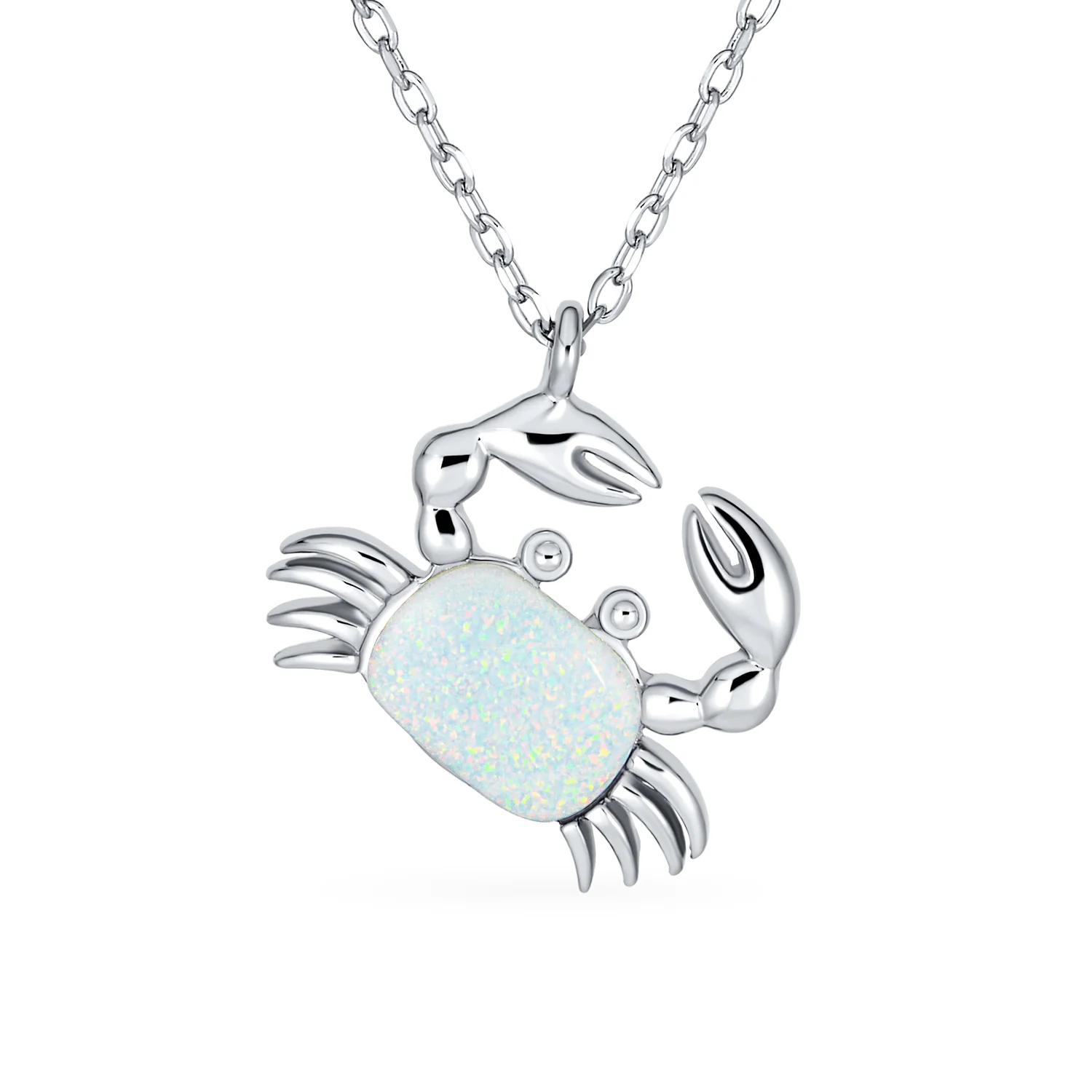 Tropical Nautical White Created Opal Sand Crab Pendant Necklace .925 Sterling Silver