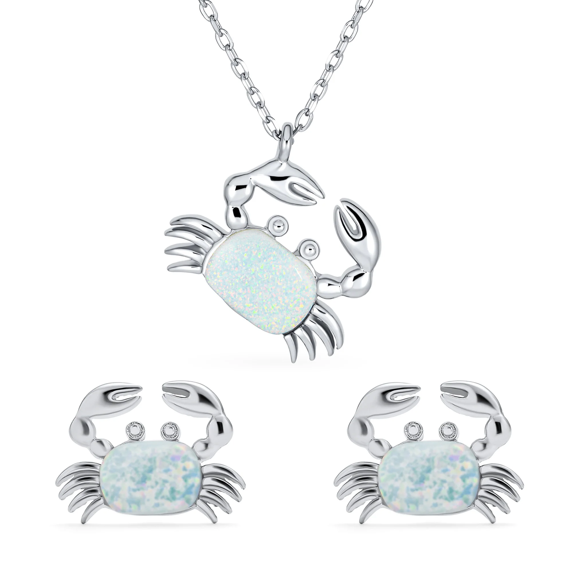 Tropical Nautical White Created Opal Sand Crab Pendant Necklace .925 Sterling Silver - Image 3