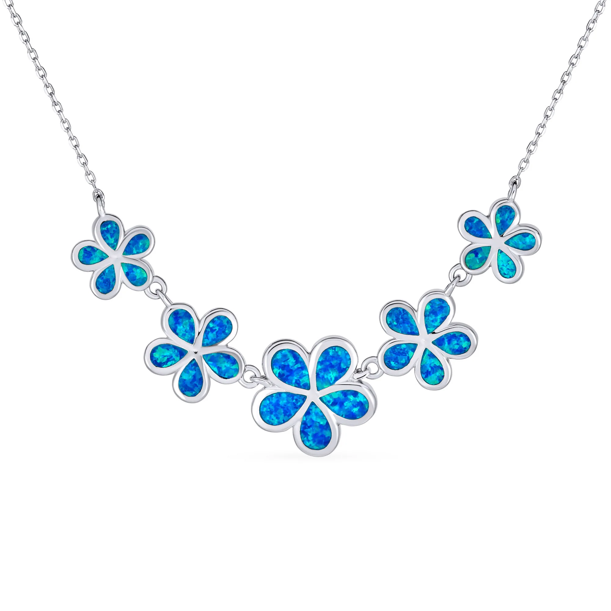 Statement Created Blue Opal Plumeria Hawaiian Flower Collar Necklace .925 Sterling Silver