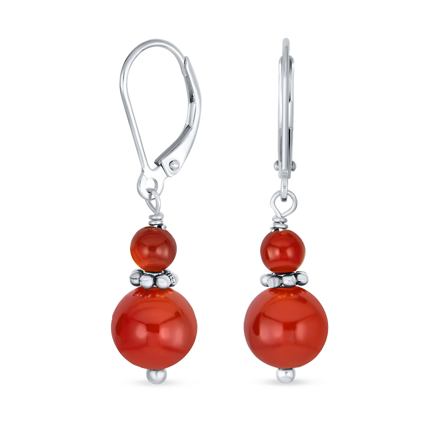 Bali Style Milgrain Rondel Pink Coral Double Bead Ball Dangle Earrings .925 Sterling Silver