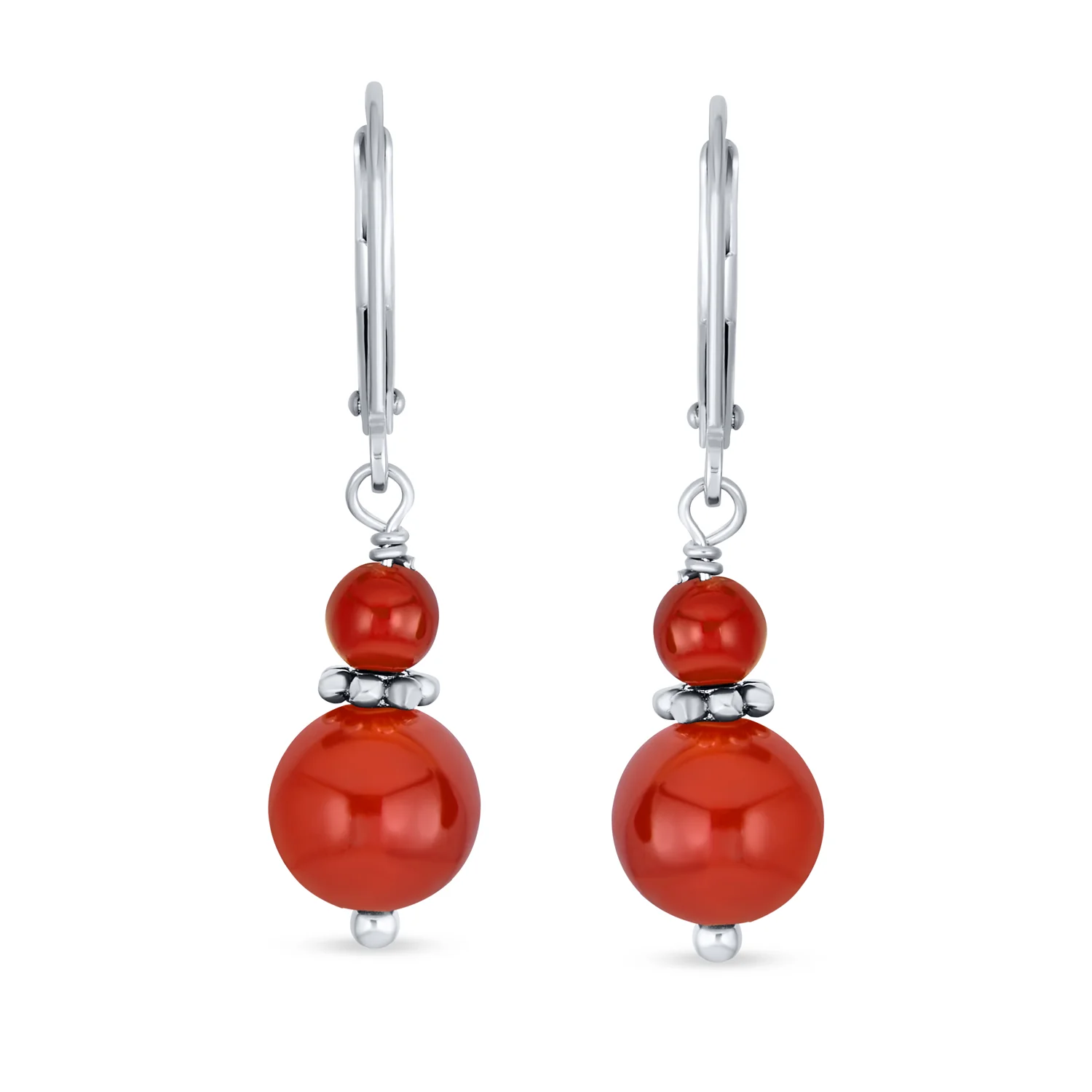 Bali Style Milgrain Rondel Pink Coral Double Bead Ball Dangle Earrings .925 Sterling Silver - Image 15