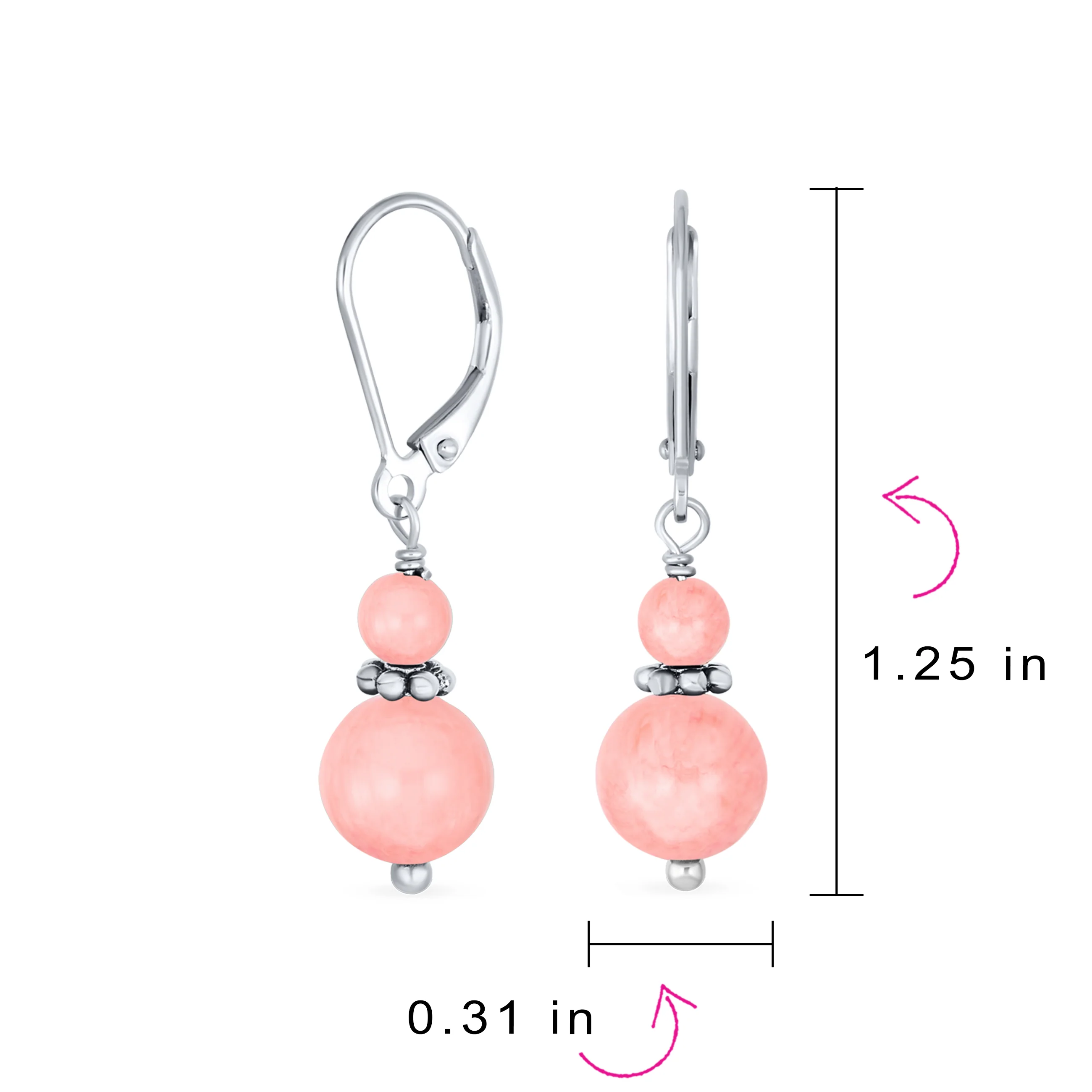 Bali Style Milgrain Rondel Pink Coral Double Bead Ball Dangle Earrings .925 Sterling Silver - Image 51