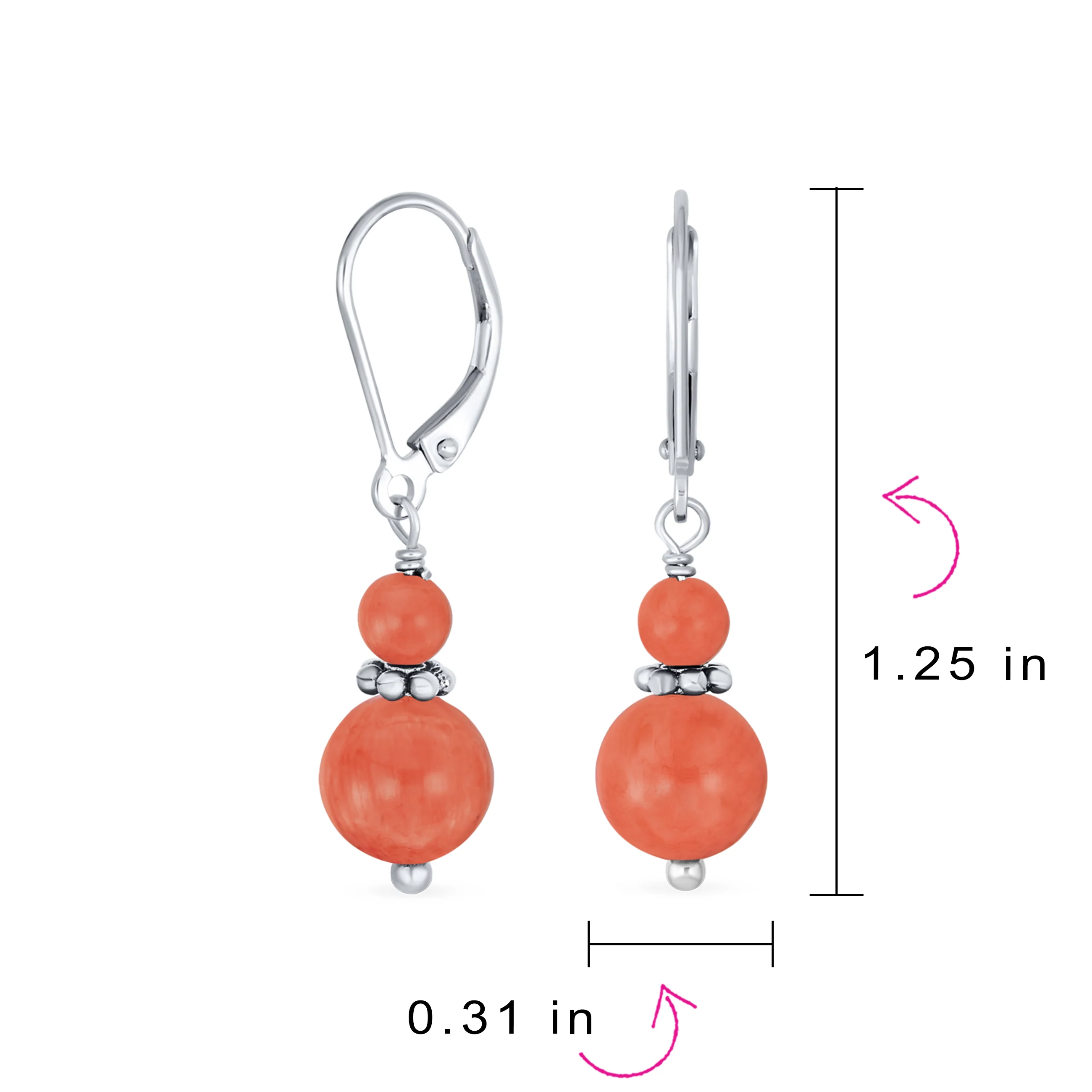 Bali Style Milgrain Rondel Pink Coral Double Bead Ball Dangle Earrings .925 Sterling Silver - Image 52