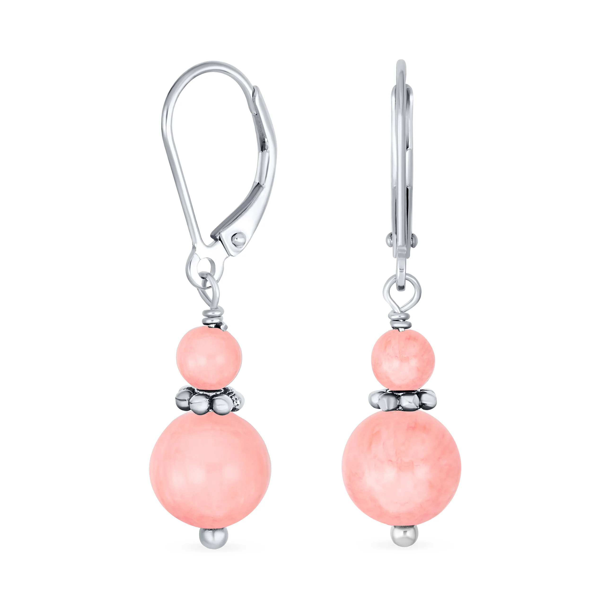 Bali Style Milgrain Rondel Pink Coral Double Bead Ball Dangle Earrings .925 Sterling Silver - Image 9