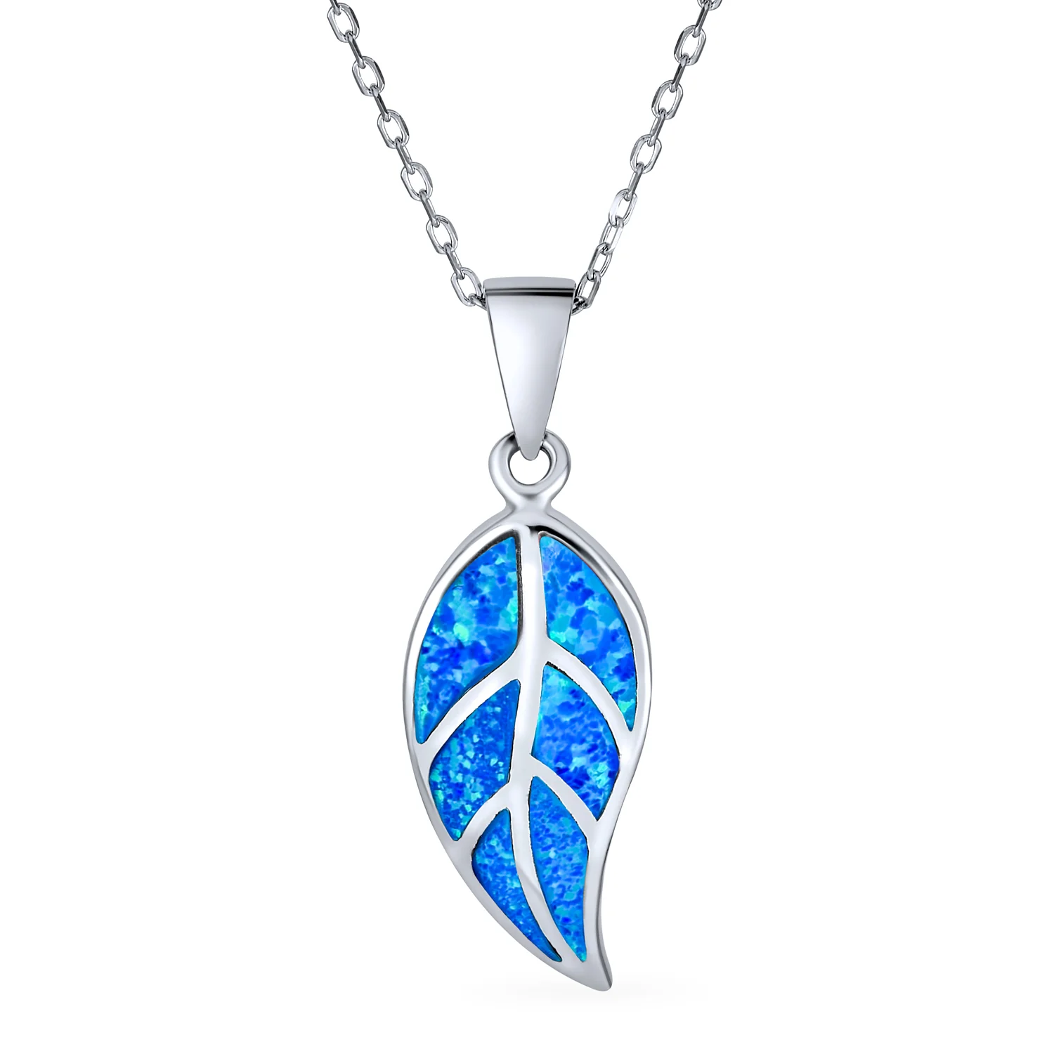 Blue Fire Opal Leaf Pendant Necklace in Sterling Silver