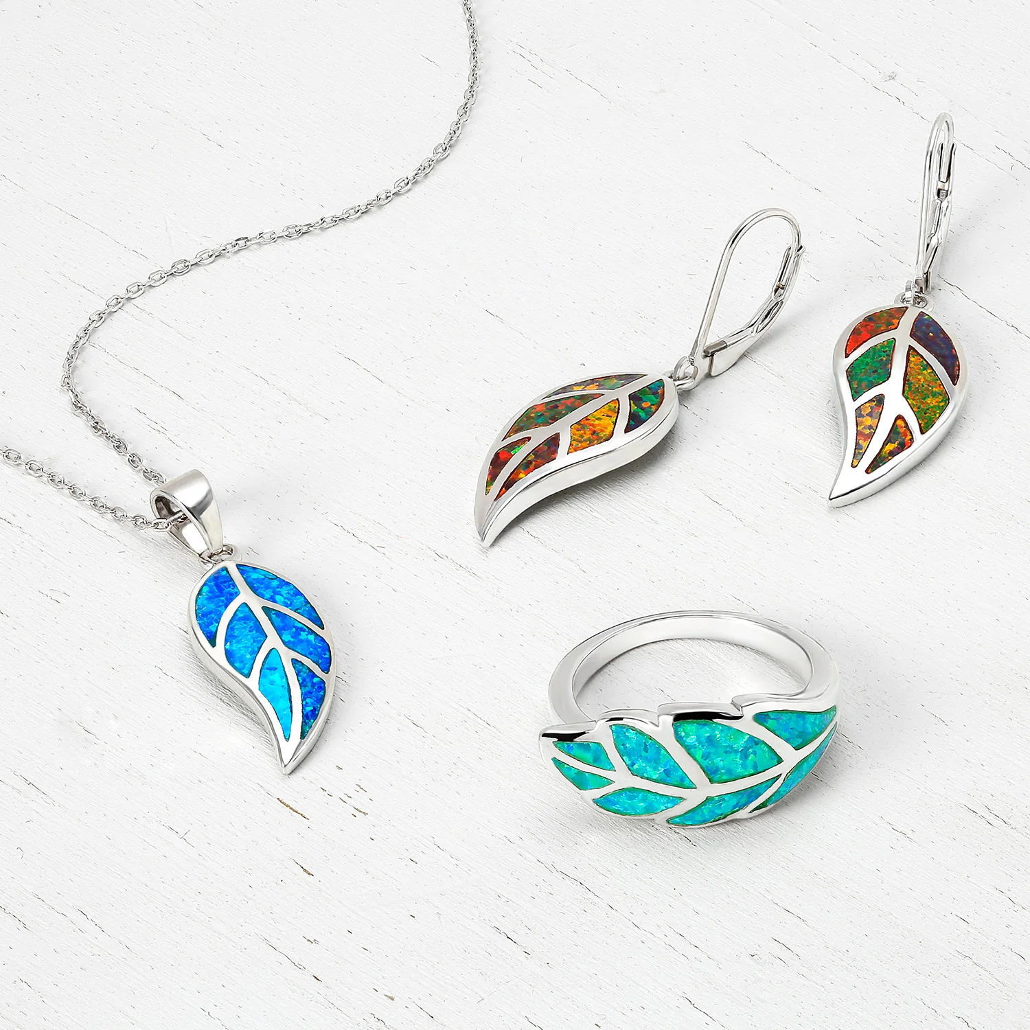 Blue Fire Opal Leaf Pendant Necklace in Sterling Silver - Image 8