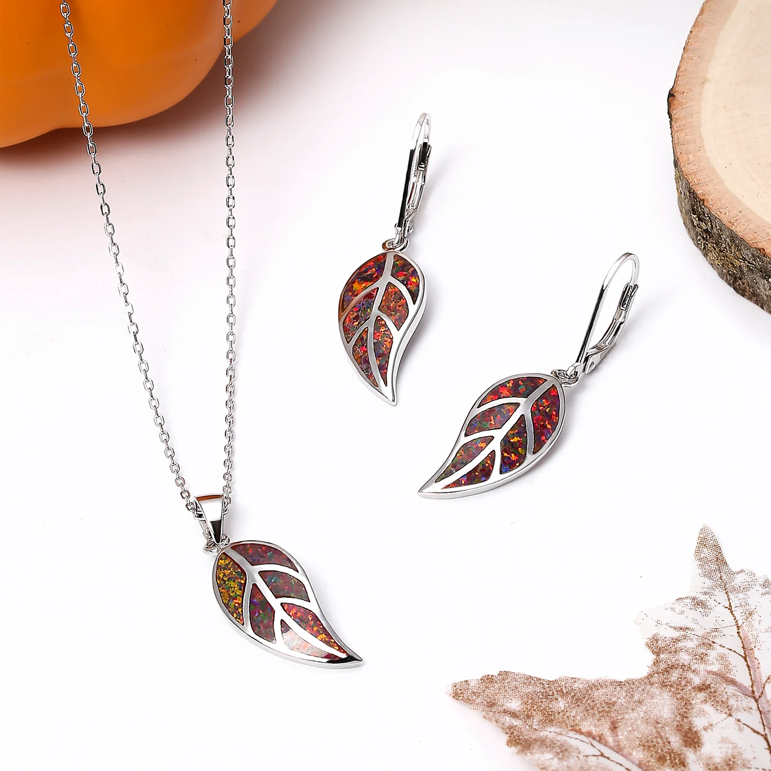 Blue Fire Opal Leaf Pendant Necklace in Sterling Silver - Image 9