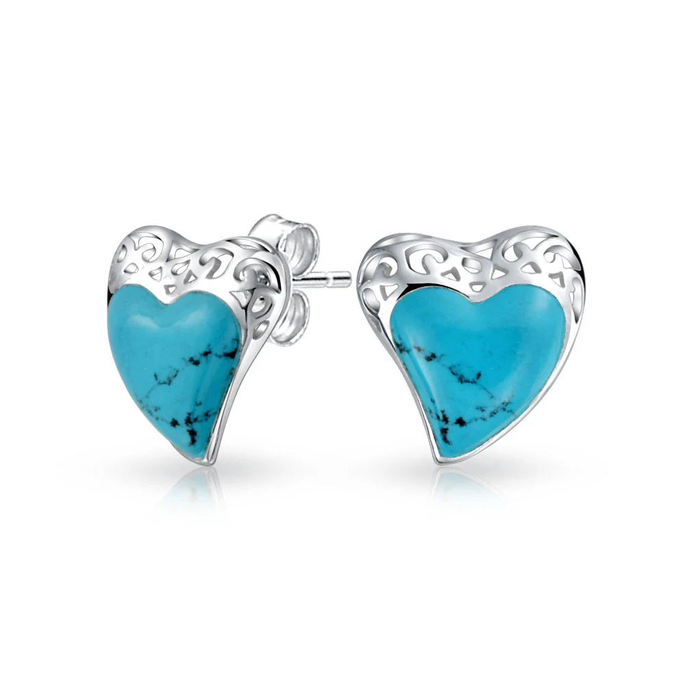 Gemstone Turquoise Filigree Heart Pendant & Stud Earrings Set Sterling Silver - Image 6