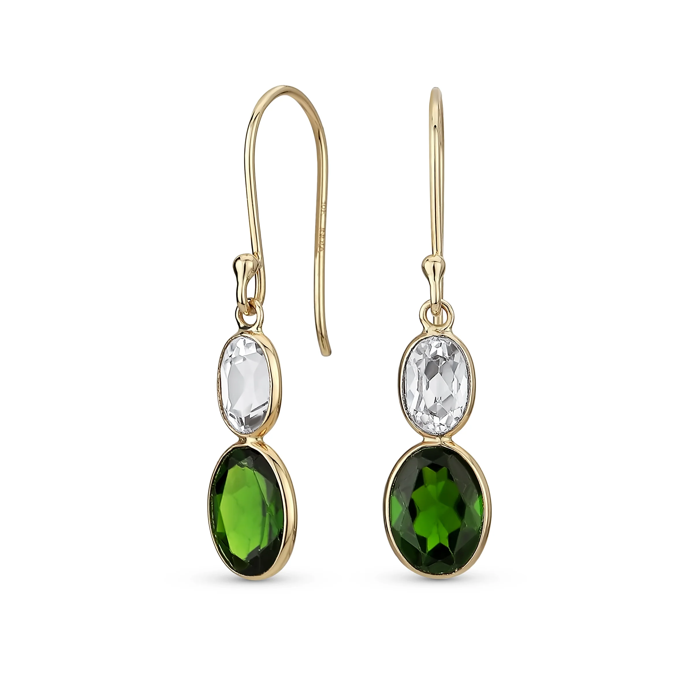 Classic 10K Gold Faceted Double Natural Stones Bezel Set Oval Drop Earrings - Image 3