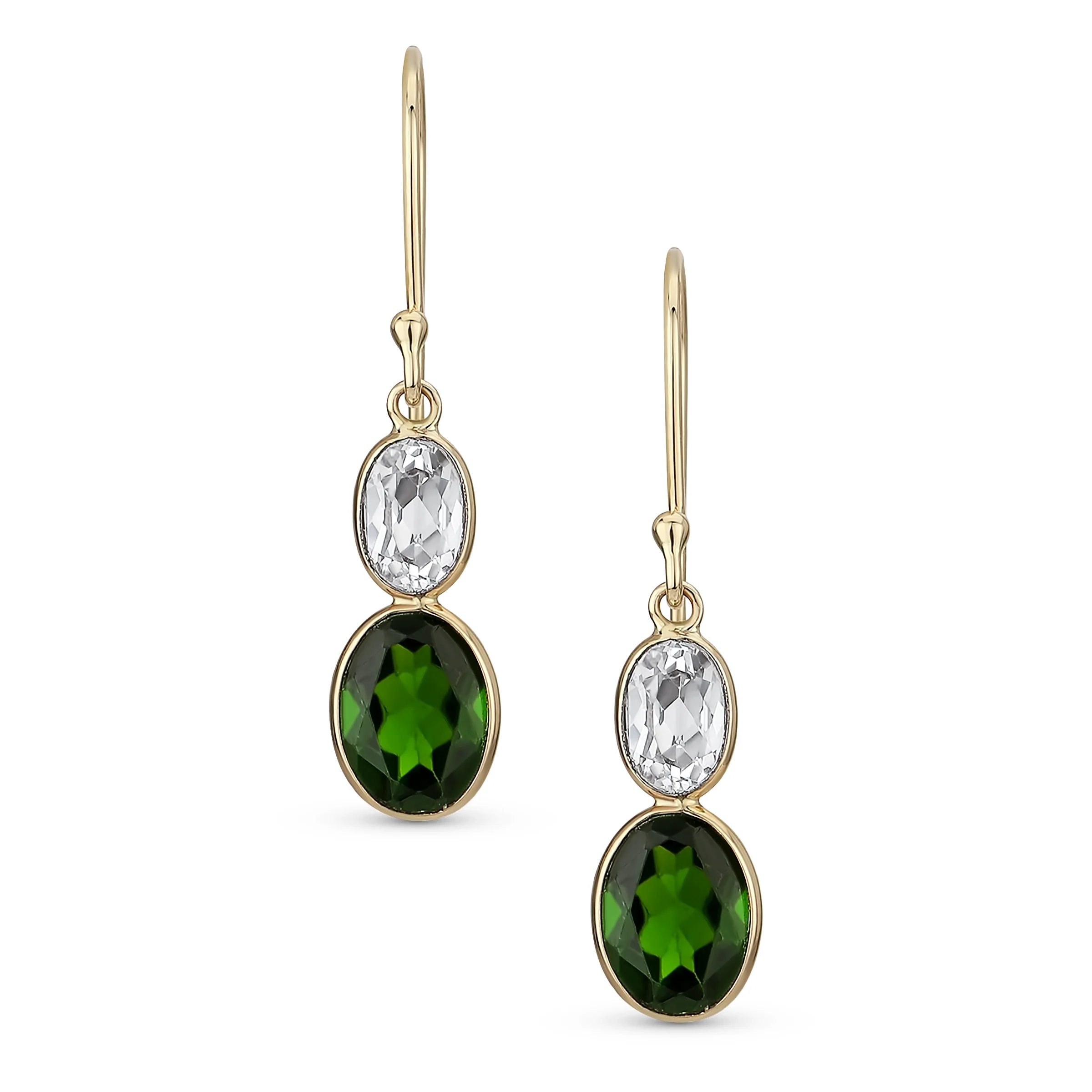 Classic 10K Gold Faceted Double Natural Stones Bezel Set Oval Drop Earrings - Image 6