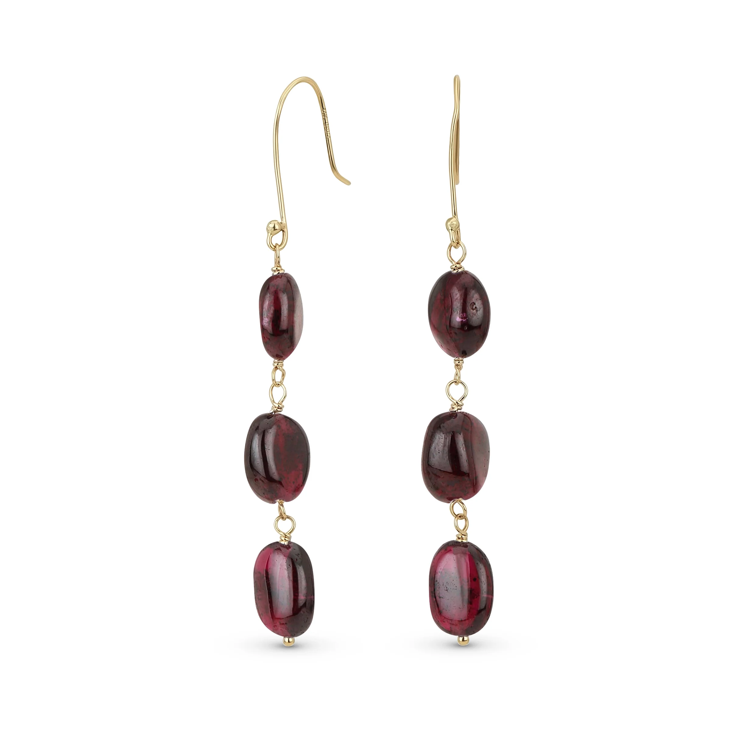 Long 14K Gold Three Oval Natural Stone Garnet Turquoise Tanzanite Dangling Earrings Fish Hook