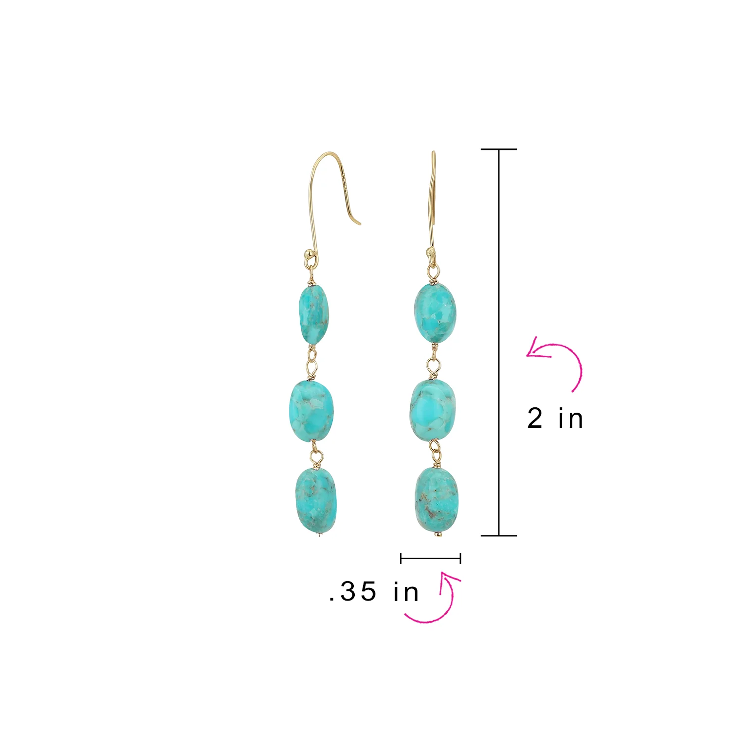 Long 14K Gold Three Oval Natural Stone Garnet Turquoise Tanzanite Dangling Earrings Fish Hook - Image 11