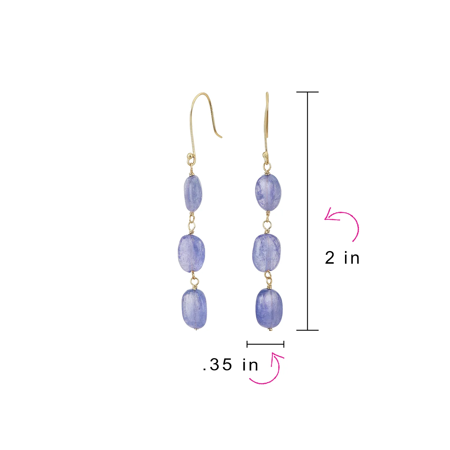 Long 14K Gold Three Oval Natural Stone Garnet Turquoise Tanzanite Dangling Earrings Fish Hook - Image 12