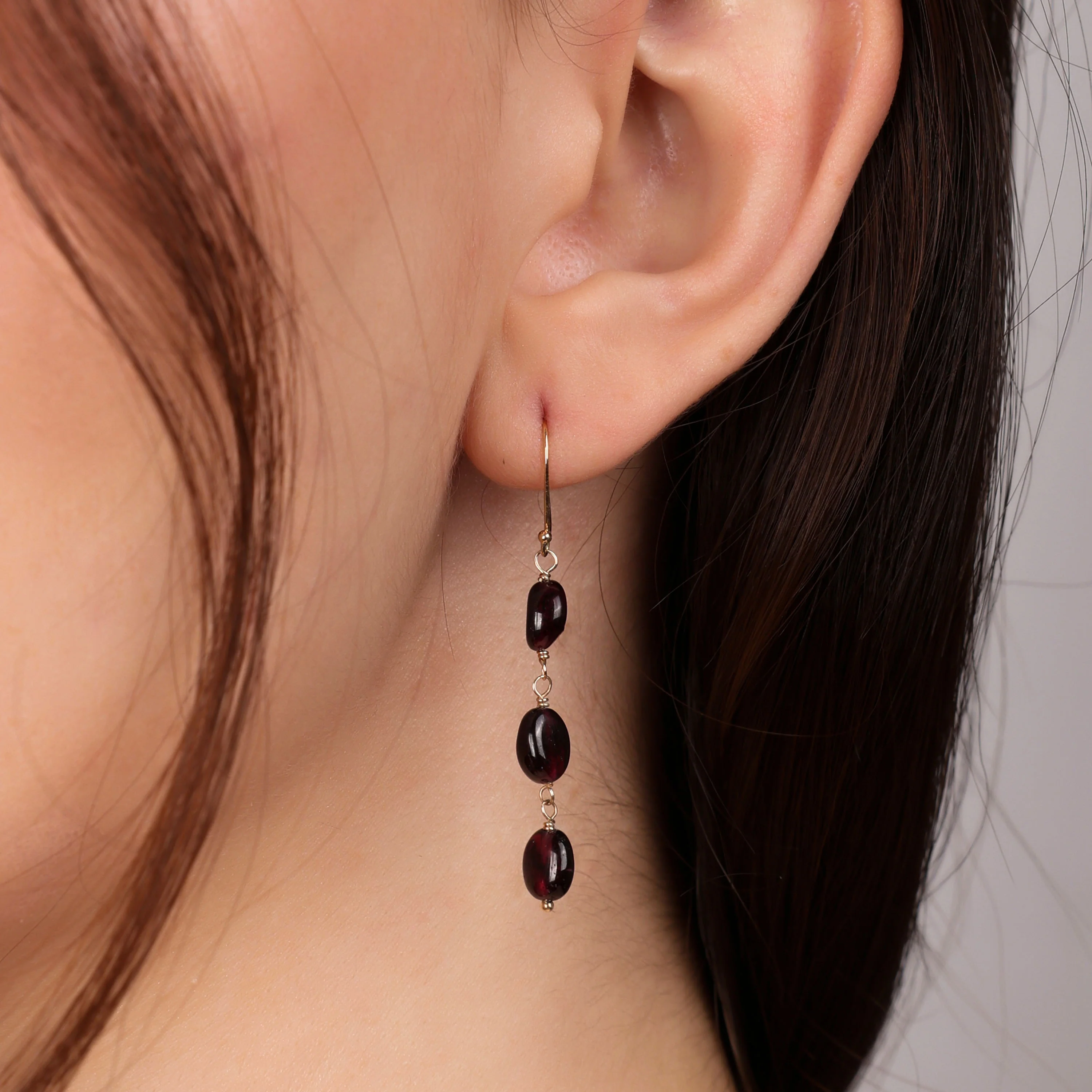 Long 14K Gold Three Oval Natural Stone Garnet Turquoise Tanzanite Dangling Earrings Fish Hook - Image 13