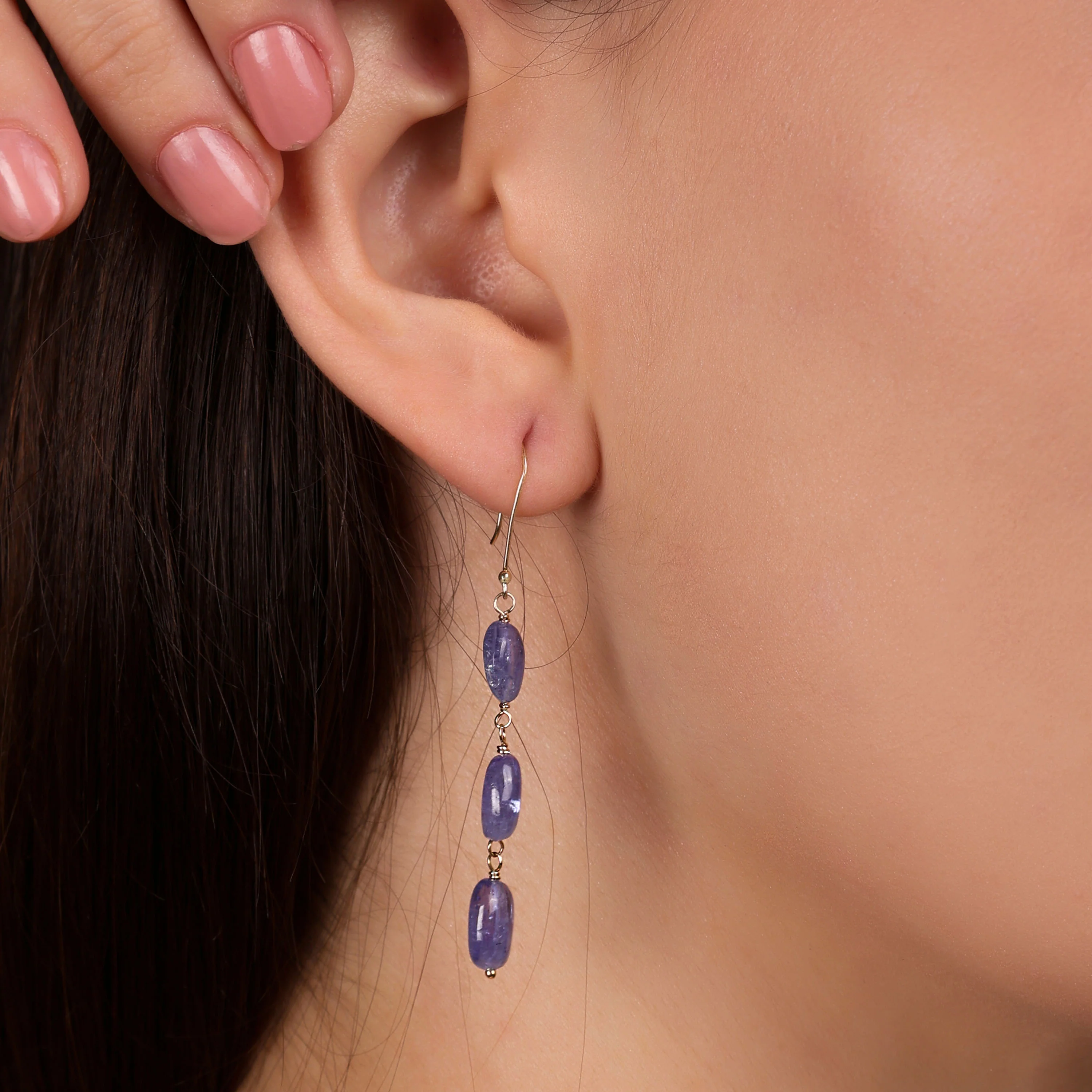 Long 14K Gold Three Oval Natural Stone Garnet Turquoise Tanzanite Dangling Earrings Fish Hook - Image 15