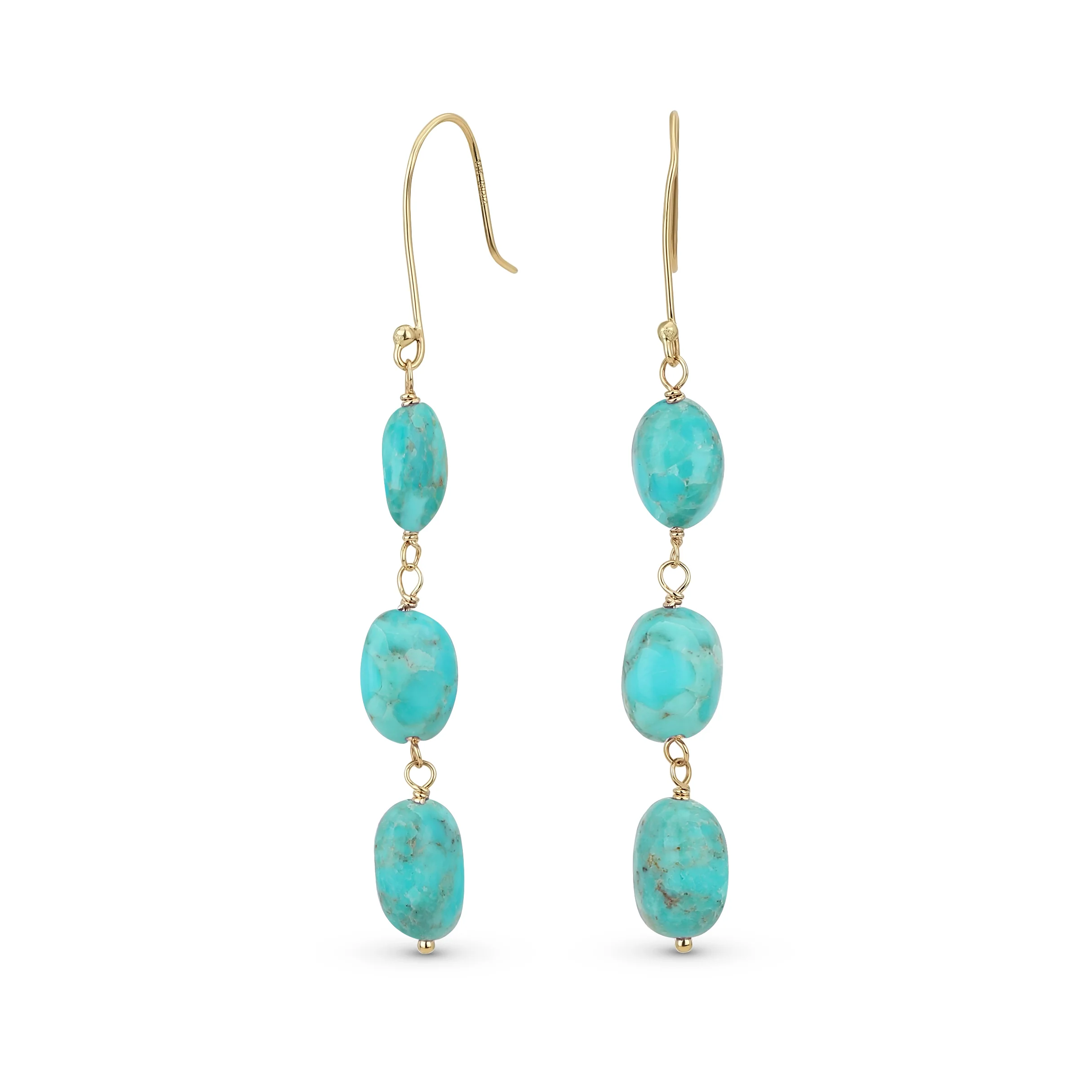 Long 14K Gold Three Oval Natural Stone Garnet Turquoise Tanzanite Dangling Earrings Fish Hook - Image 2