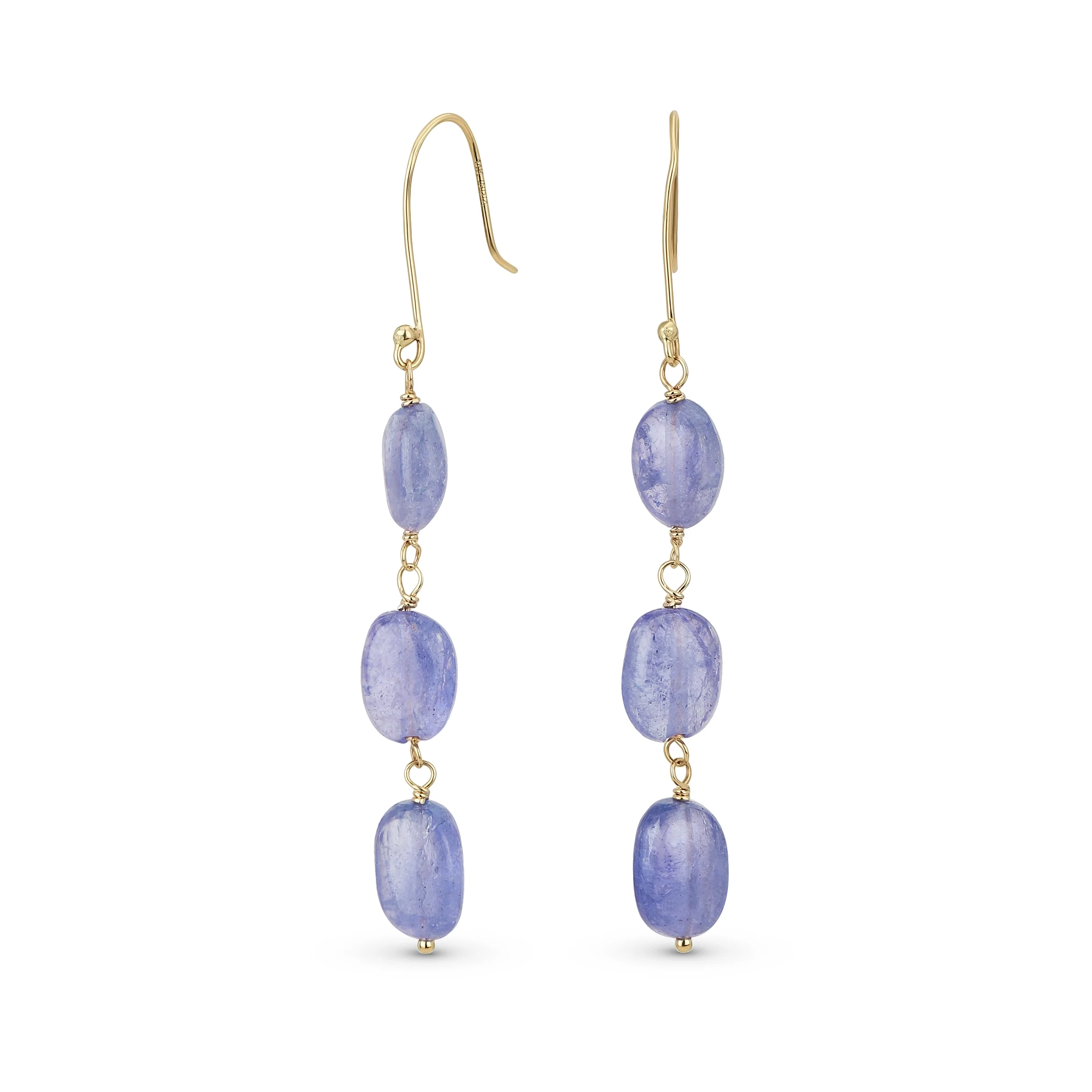 Long 14K Gold Three Oval Natural Stone Garnet Turquoise Tanzanite Dangling Earrings Fish Hook - Image 3