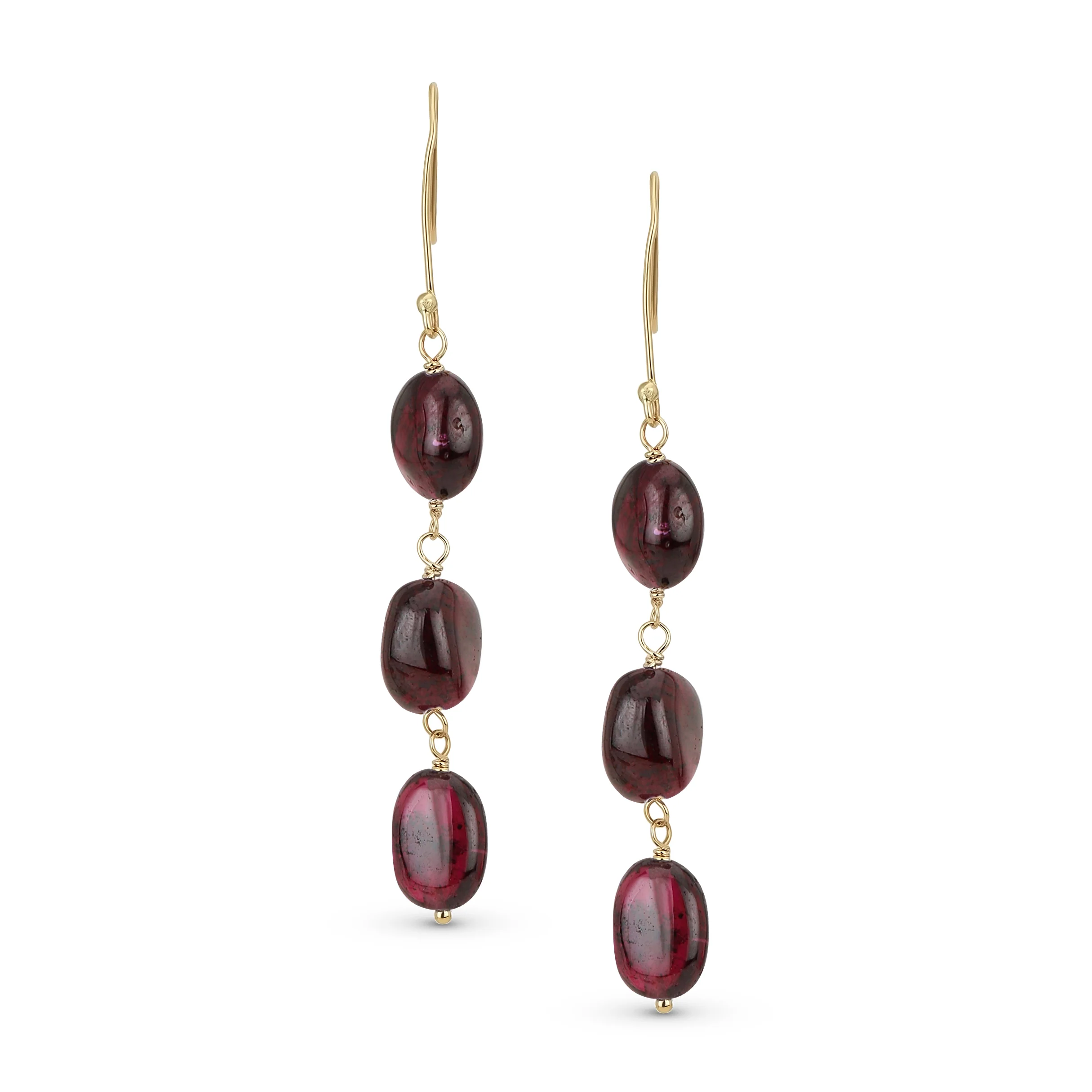 Long 14K Gold Three Oval Natural Stone Garnet Turquoise Tanzanite Dangling Earrings Fish Hook - Image 4
