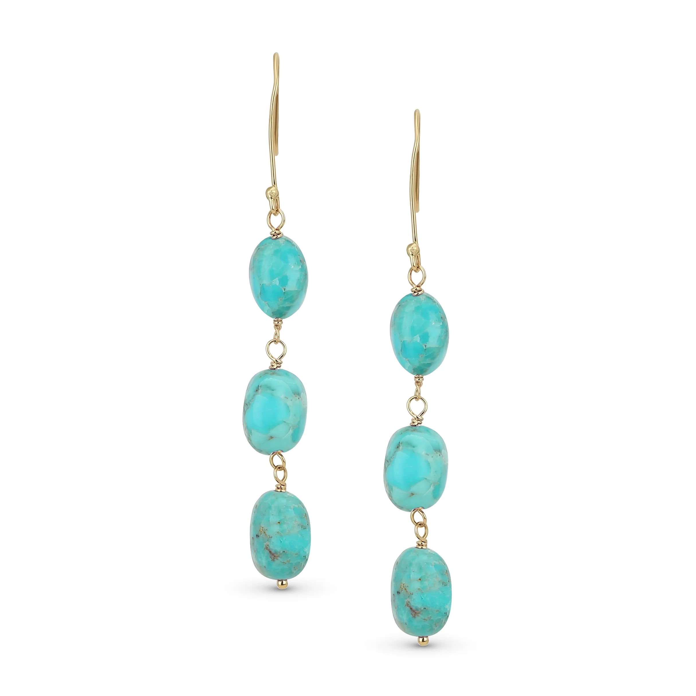 Long 14K Gold Three Oval Natural Stone Garnet Turquoise Tanzanite Dangling Earrings Fish Hook - Image 5
