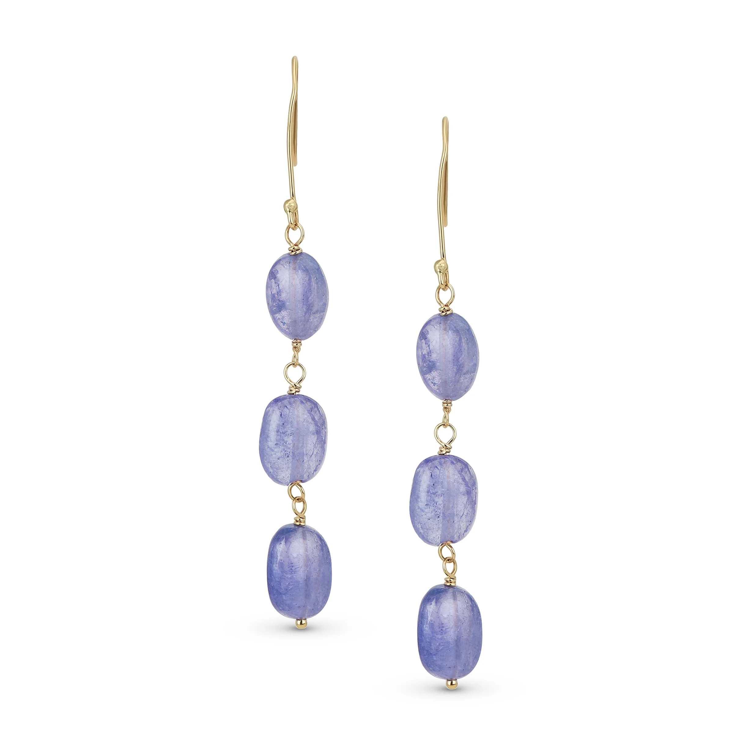 Long 14K Gold Three Oval Natural Stone Garnet Turquoise Tanzanite Dangling Earrings Fish Hook - Image 6
