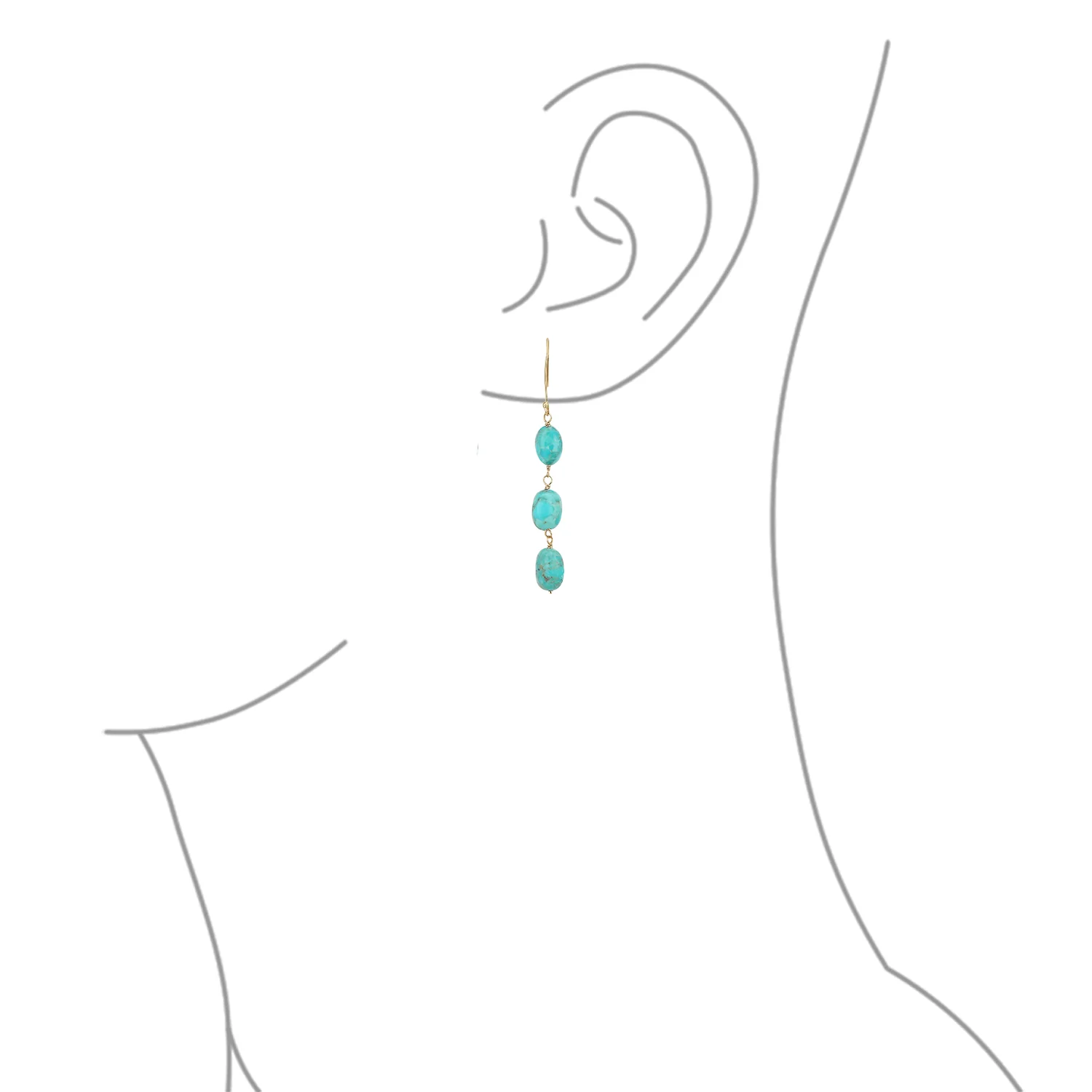 Long 14K Gold Three Oval Natural Stone Garnet Turquoise Tanzanite Dangling Earrings Fish Hook - Image 8
