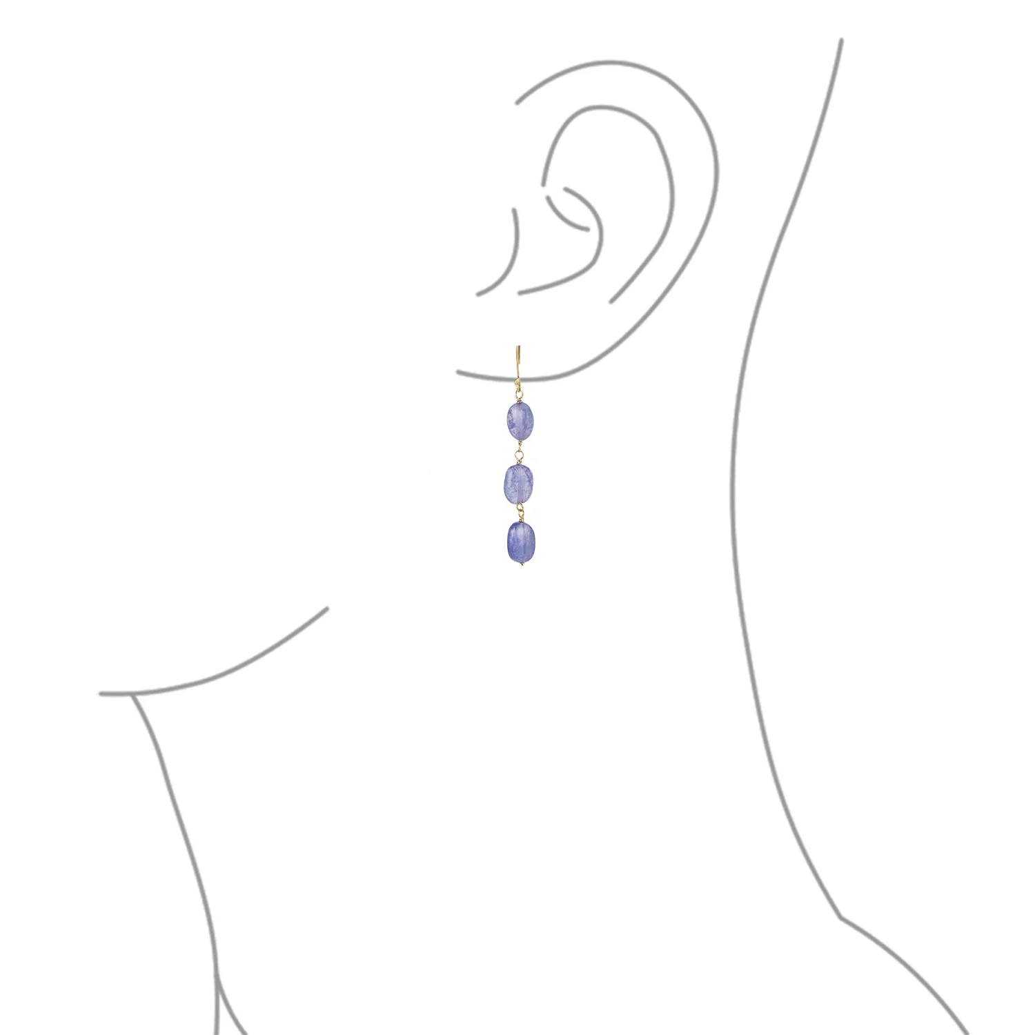 Long 14K Gold Three Oval Natural Stone Garnet Turquoise Tanzanite Dangling Earrings Fish Hook - Image 9