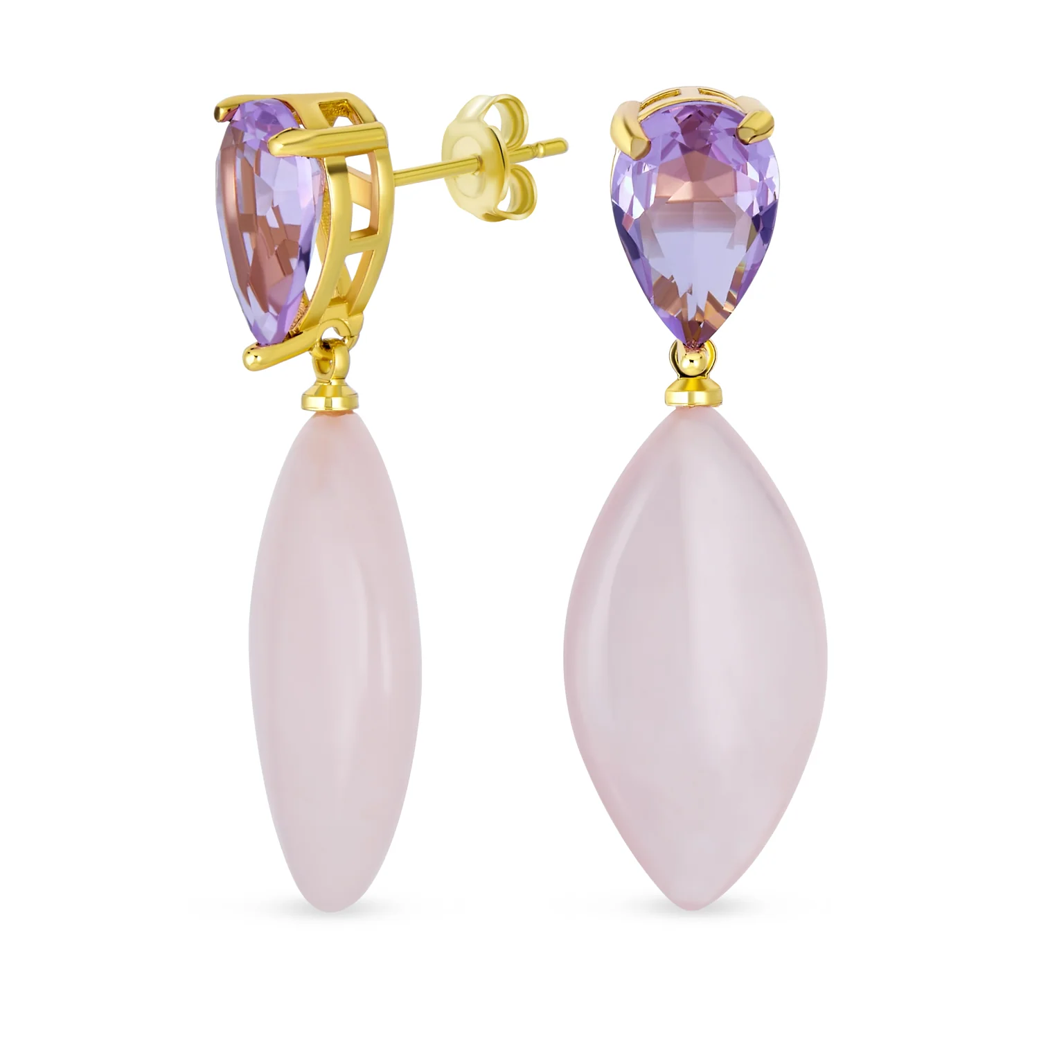 Gemstone Pink Quartz Rhombus Teardrop Purple CZ & Dangling Earrings Gold Plated - Image 2