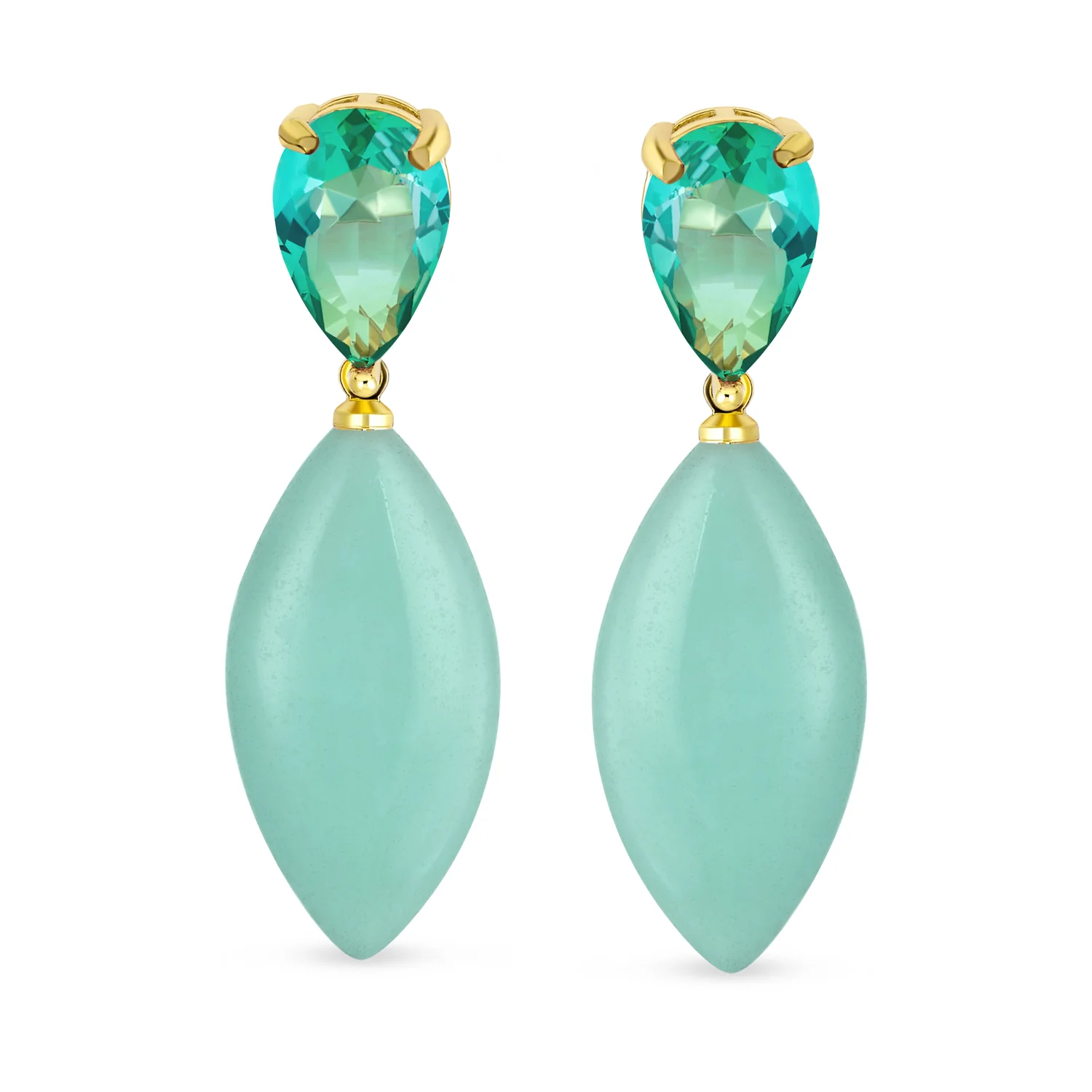 Gemstone Pink Quartz Rhombus Teardrop Purple CZ & Dangling Earrings Gold Plated - Image 3