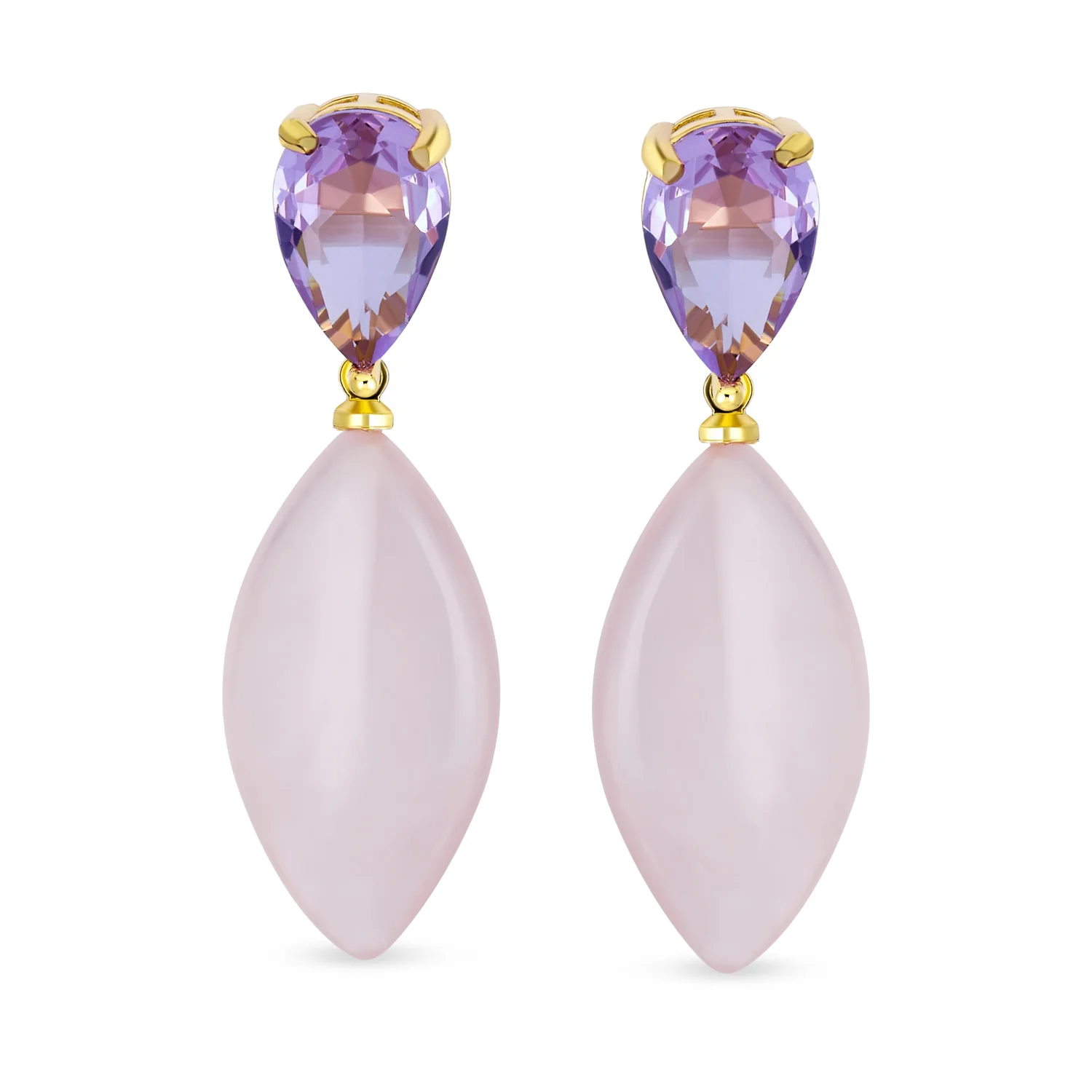 Gemstone Pink Quartz Rhombus Teardrop Purple CZ & Dangling Earrings Gold Plated - Image 4
